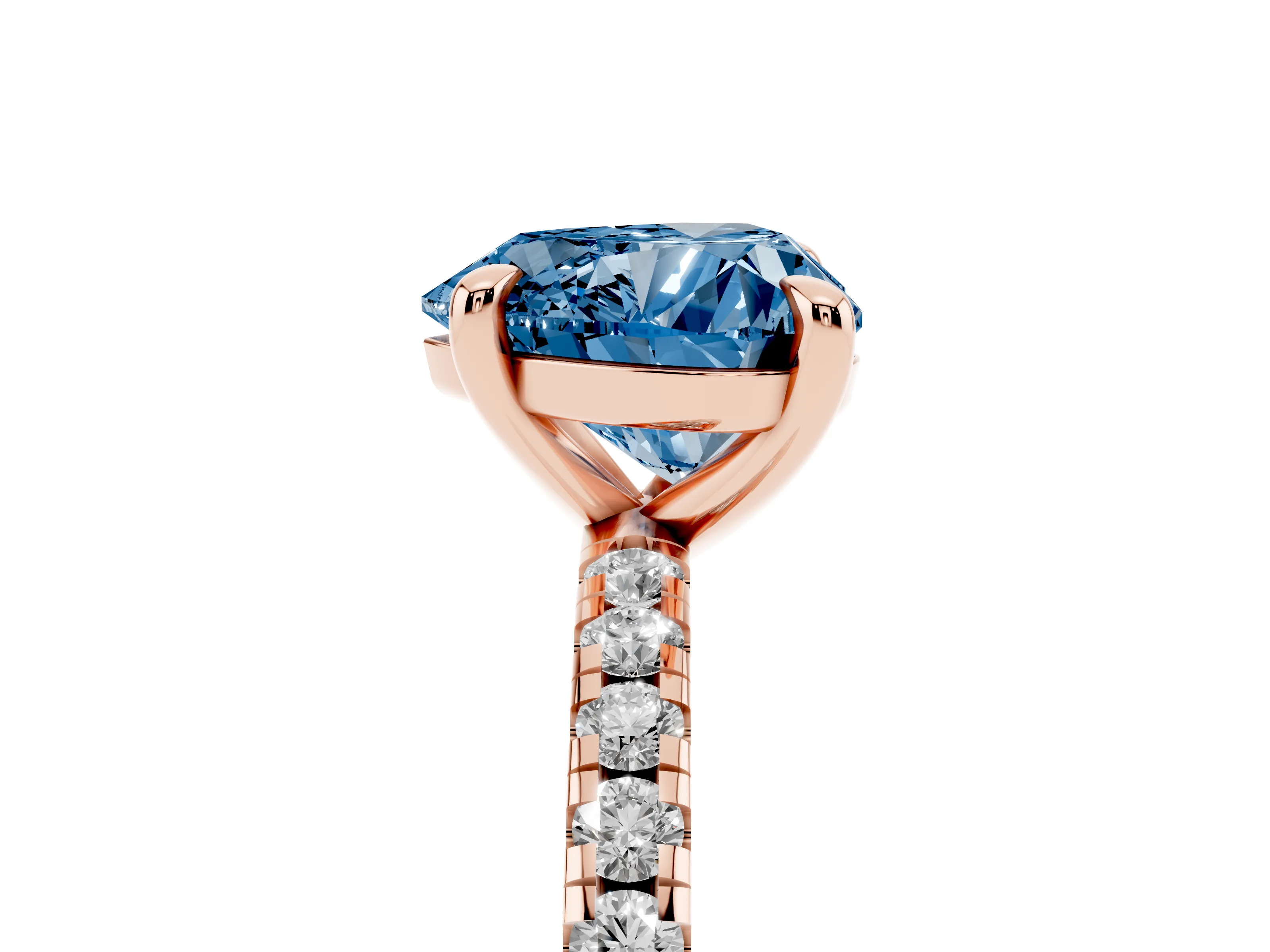 Fancy Blue Heart Cut Diamond Brilliant Solitaire Ring Set in Rose gold with Pavé Band and Prong Setting