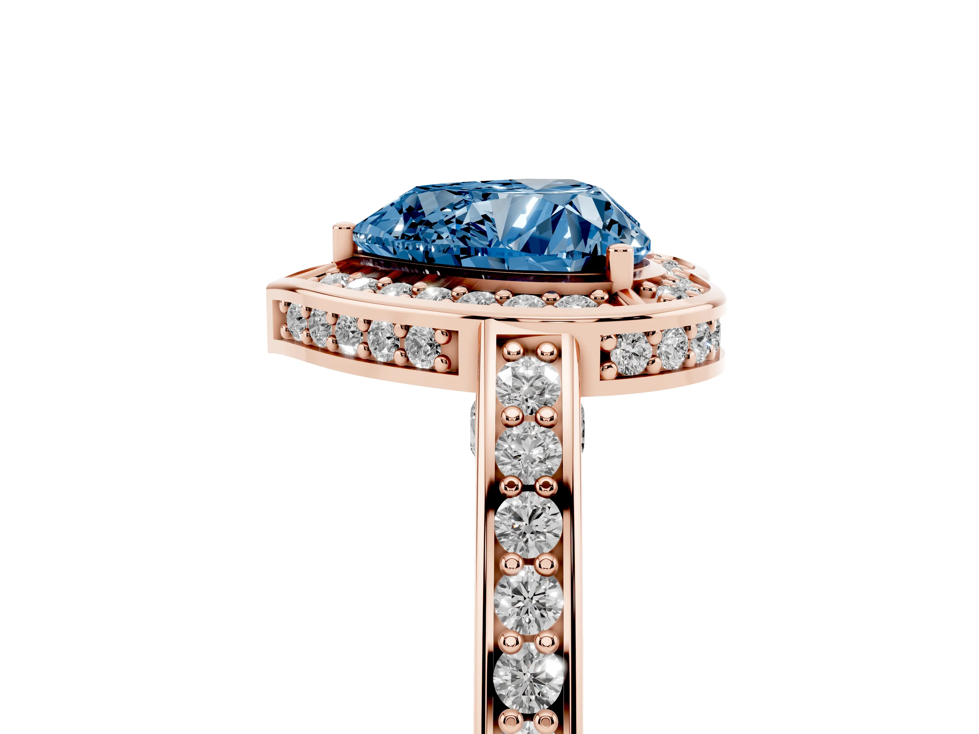 Fancy Blue Heart Cut Diamond Halo Pavé Split Shank Ring Set in Rose gold with Prong Setting