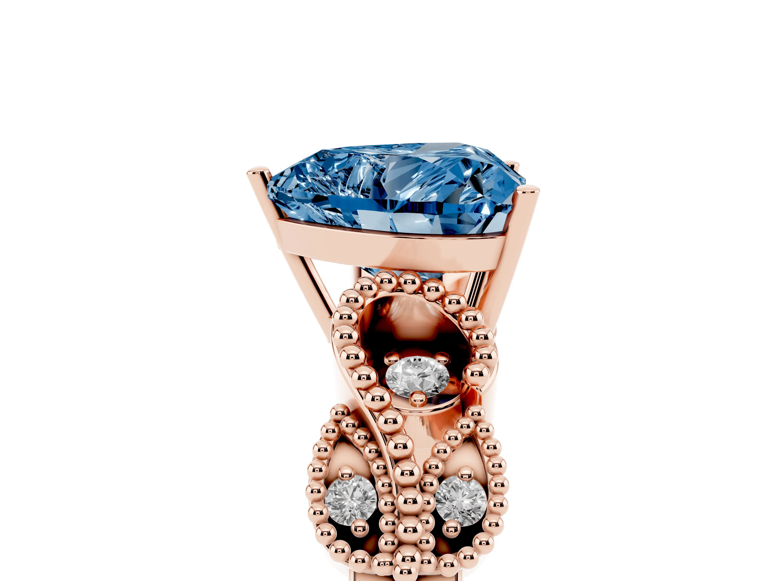 Fancy Blue Heart Cut Diamond Milgrain Leaf Band Solitaire Ring Set in Rose gold with Accent Stones and Prong Setting