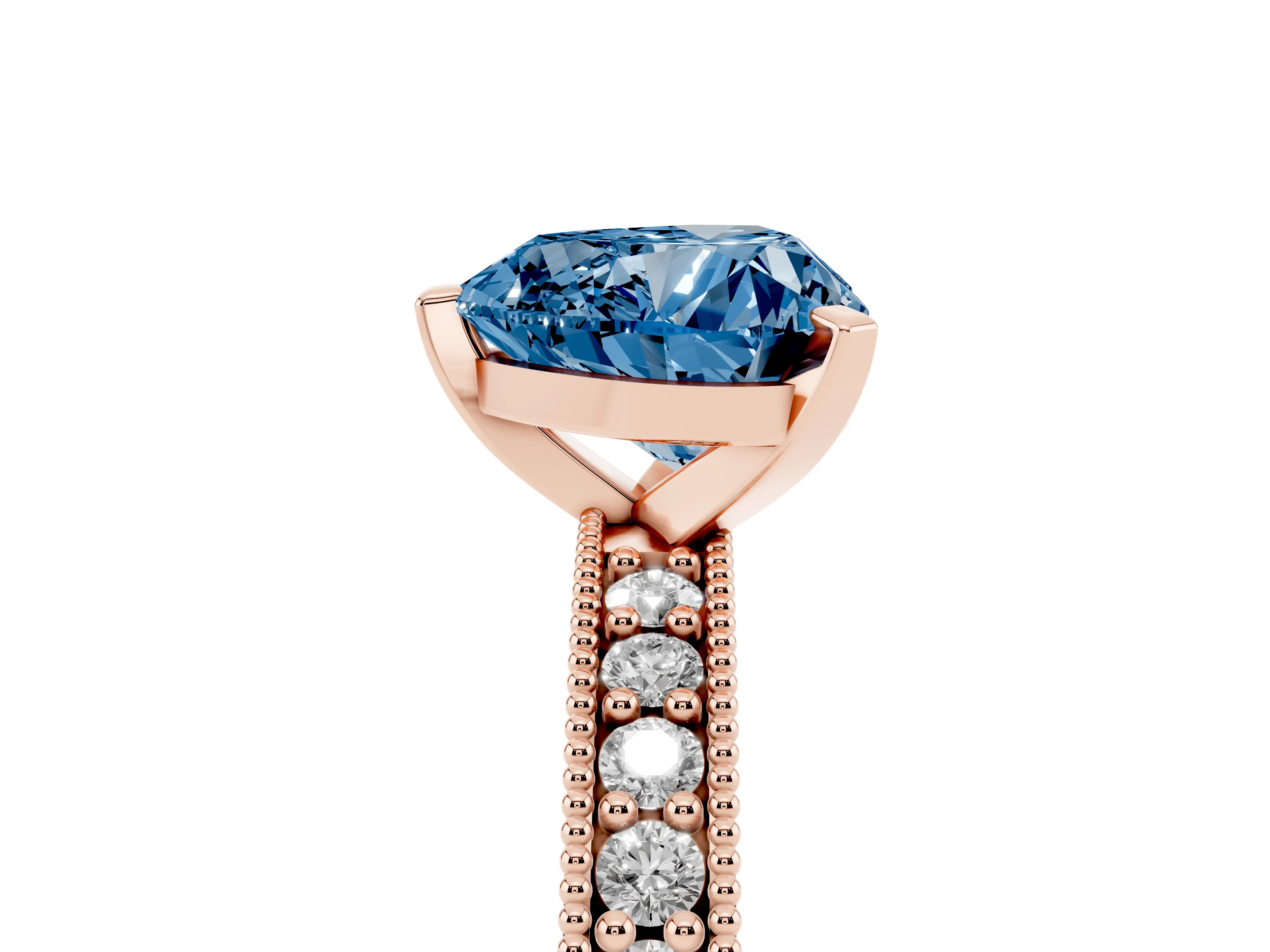 Fancy Blue Heart Cut Diamond Milgrain Pavé Engagement Ring Set in Rose gold with Prong Setting