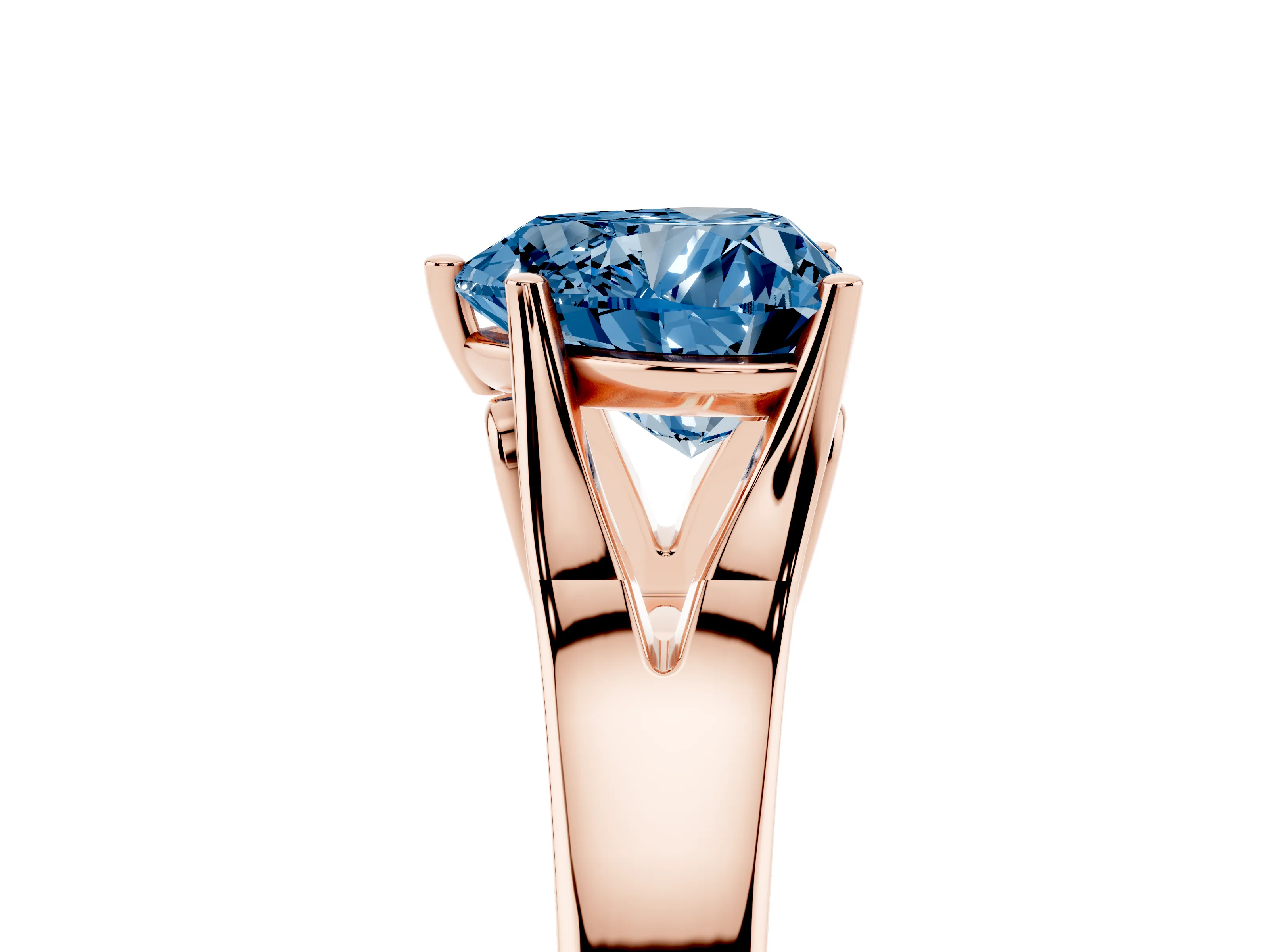 Fancy Blue Heart Cut Diamond Solitaire Ring Set in Rose gold with Arched Cathedral Band and Prong Setting