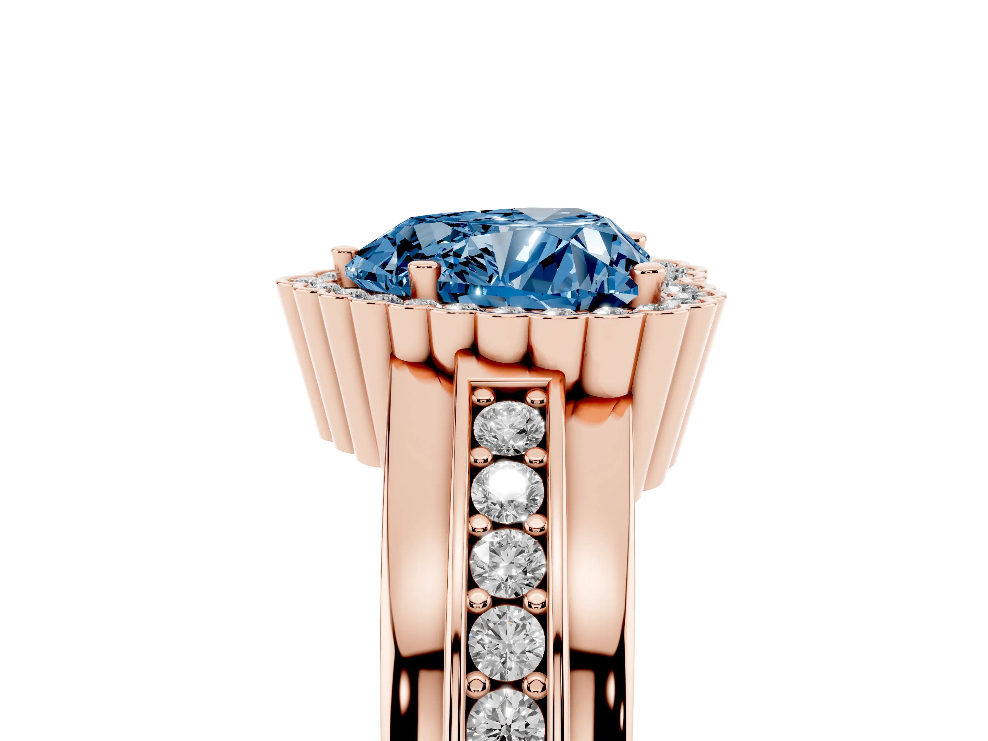 Fancy Blue Heart Cut Diamond Halo Prong Ring Set in Rose gold with Pavé Band