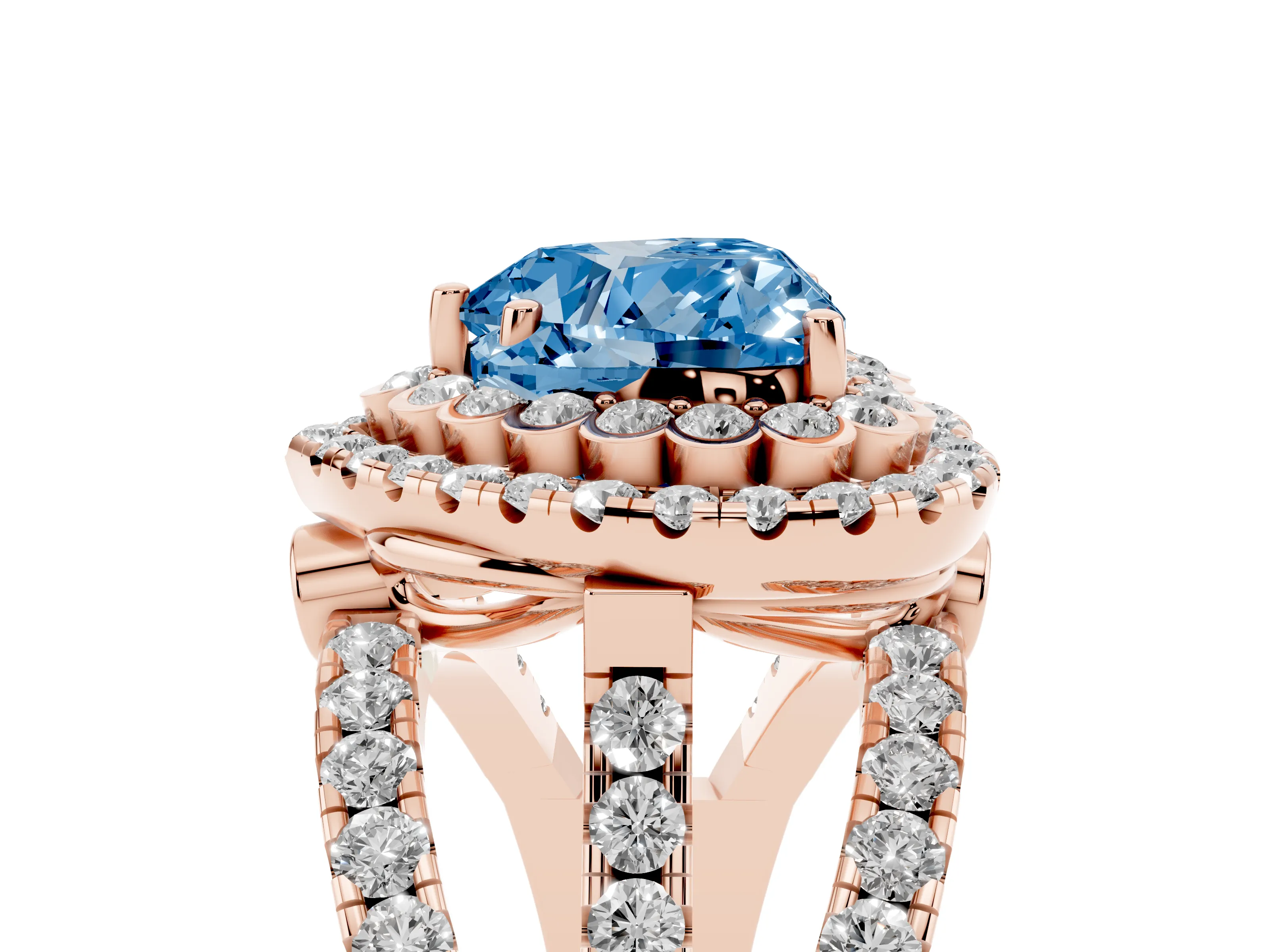 Fancy Blue Heart Cut Diamond Double Halo Ring Set in Rose gold with Round Pavé Split Shank