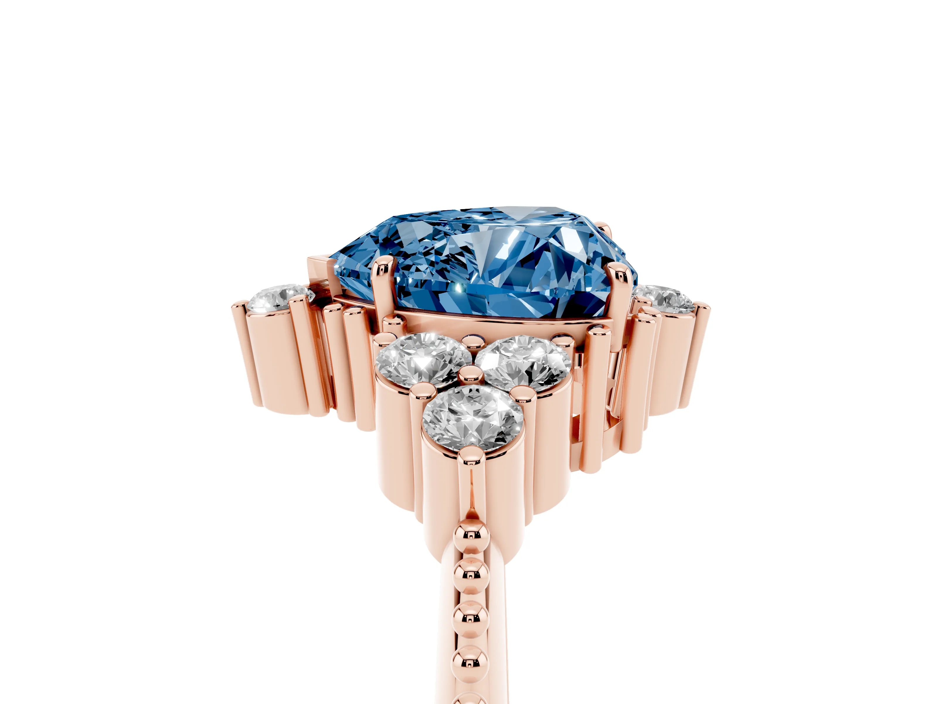 Fancy Blue Heart Cut Diamond Cluster Ring Set in Rose gold with Beaded Band