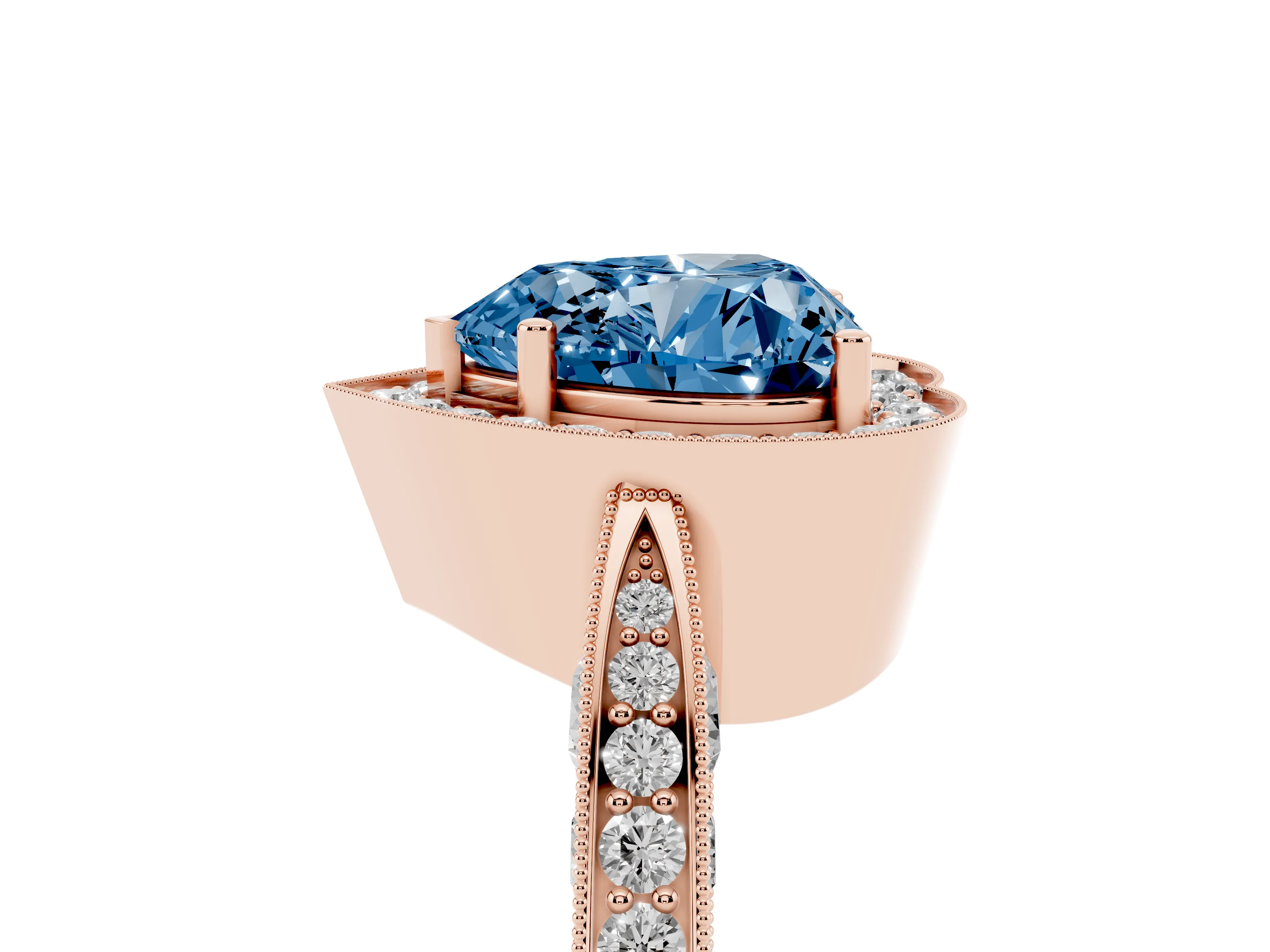 Fancy Blue Heart Cut Diamond Halo Engagement Ring Set in Rose gold with Accent Split Shank Band