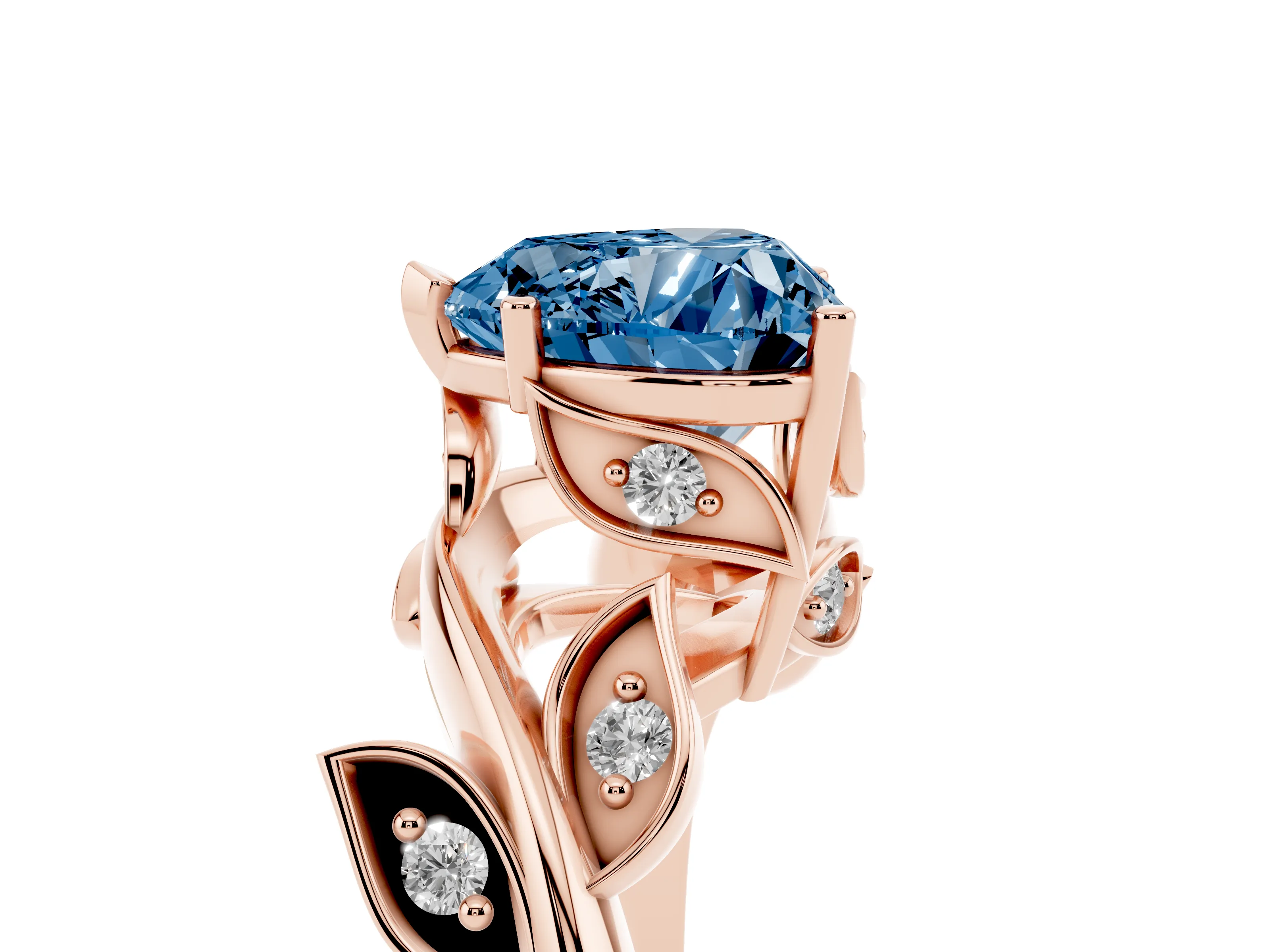 Fancy Blue Heart Cut Diamond Solitaire Twist Engagement Ring Set in Rose gold with Pavé Leaf Accents