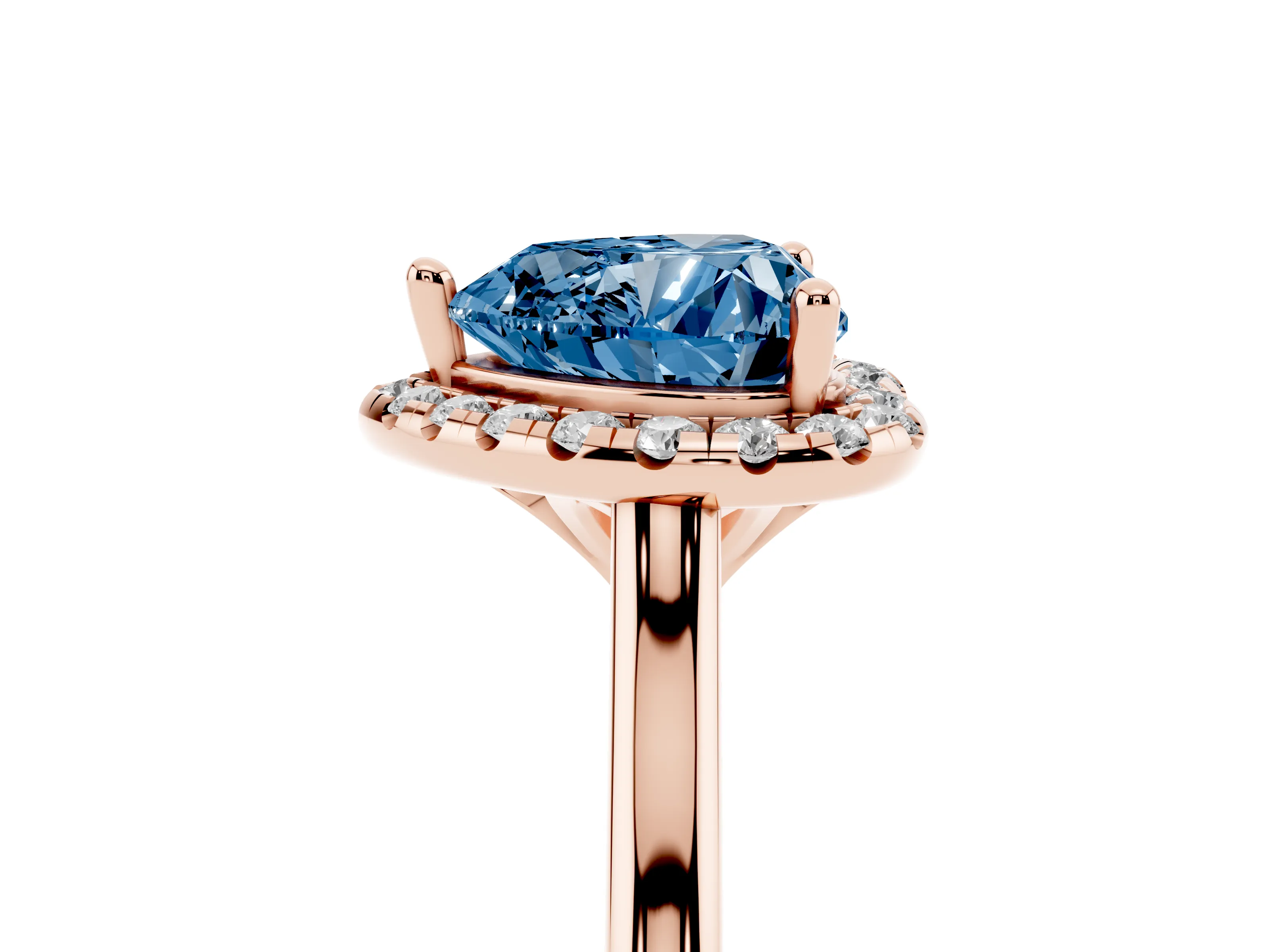 Fancy Blue Heart Cut Diamond Halo Engagement Ring Set in Rose gold with Pavé Band and Rising Shoulders
