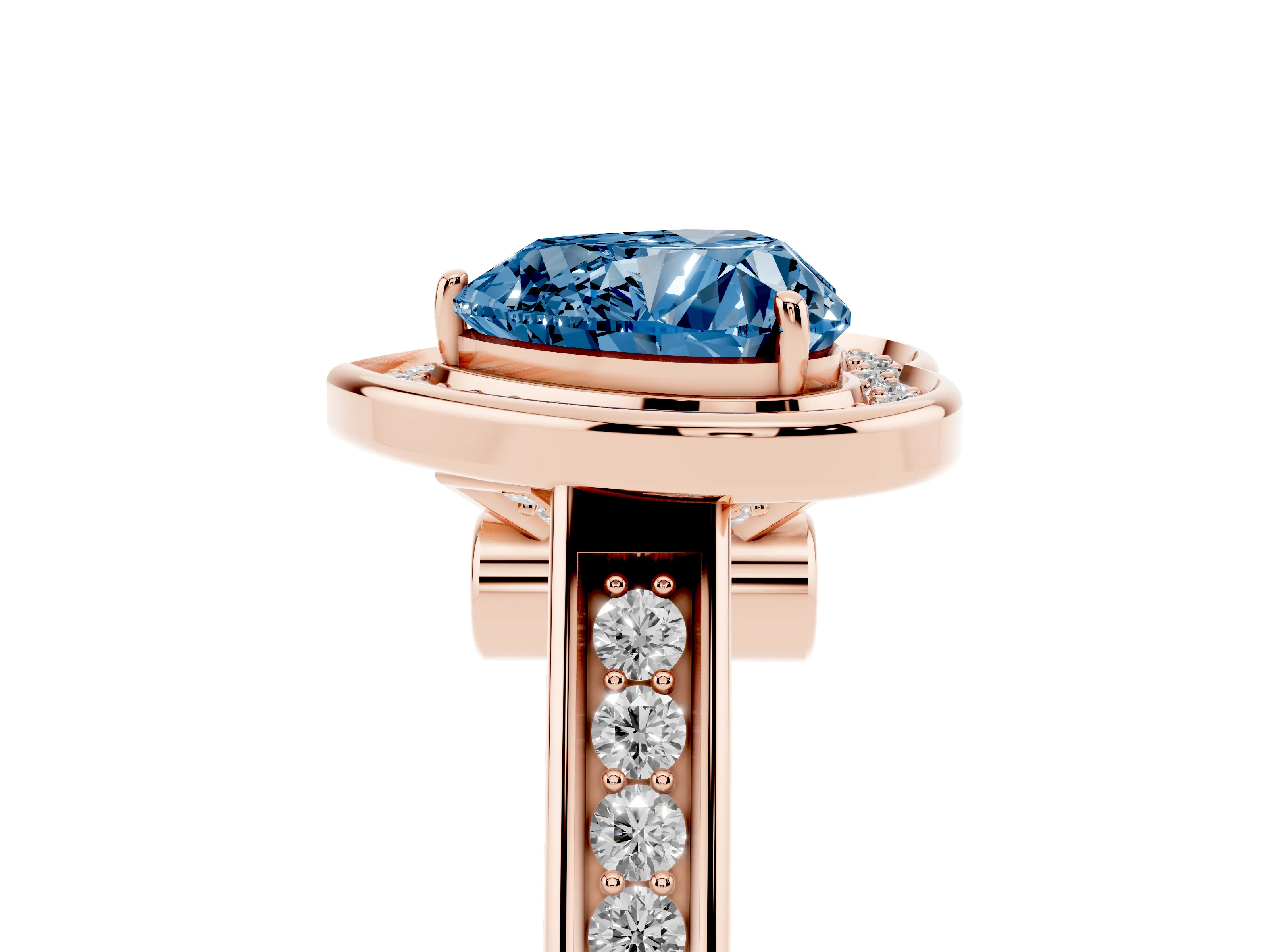Fancy Blue Heart Cut Diamond Halo Solitaire Ring Set in Rose gold with Pavé Band and Bezel Setting