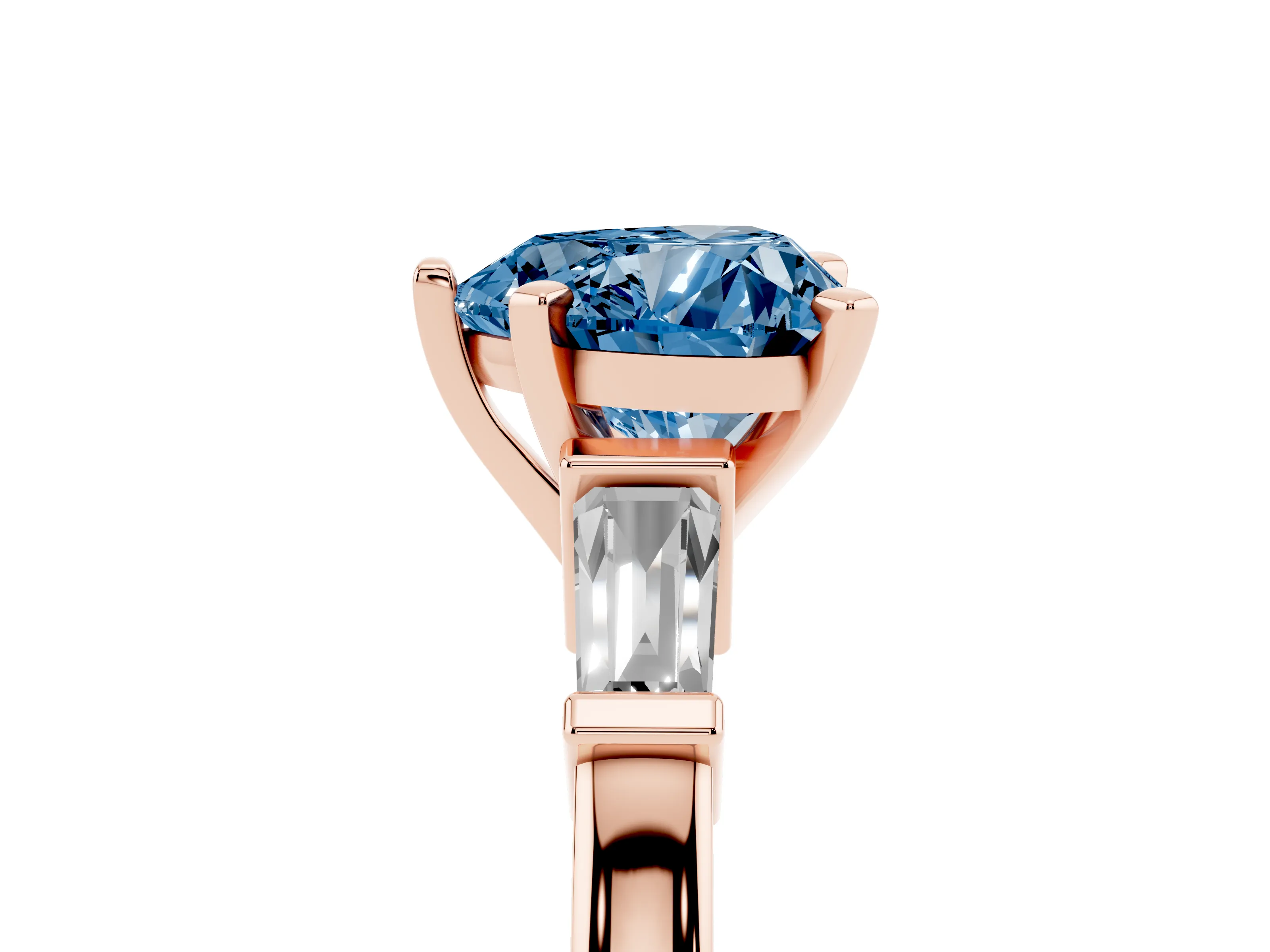 Fancy Blue Heart Cut Diamond Solitaire Ring Set in Rose gold with Tapered Baguette Accents and Prong Setting
