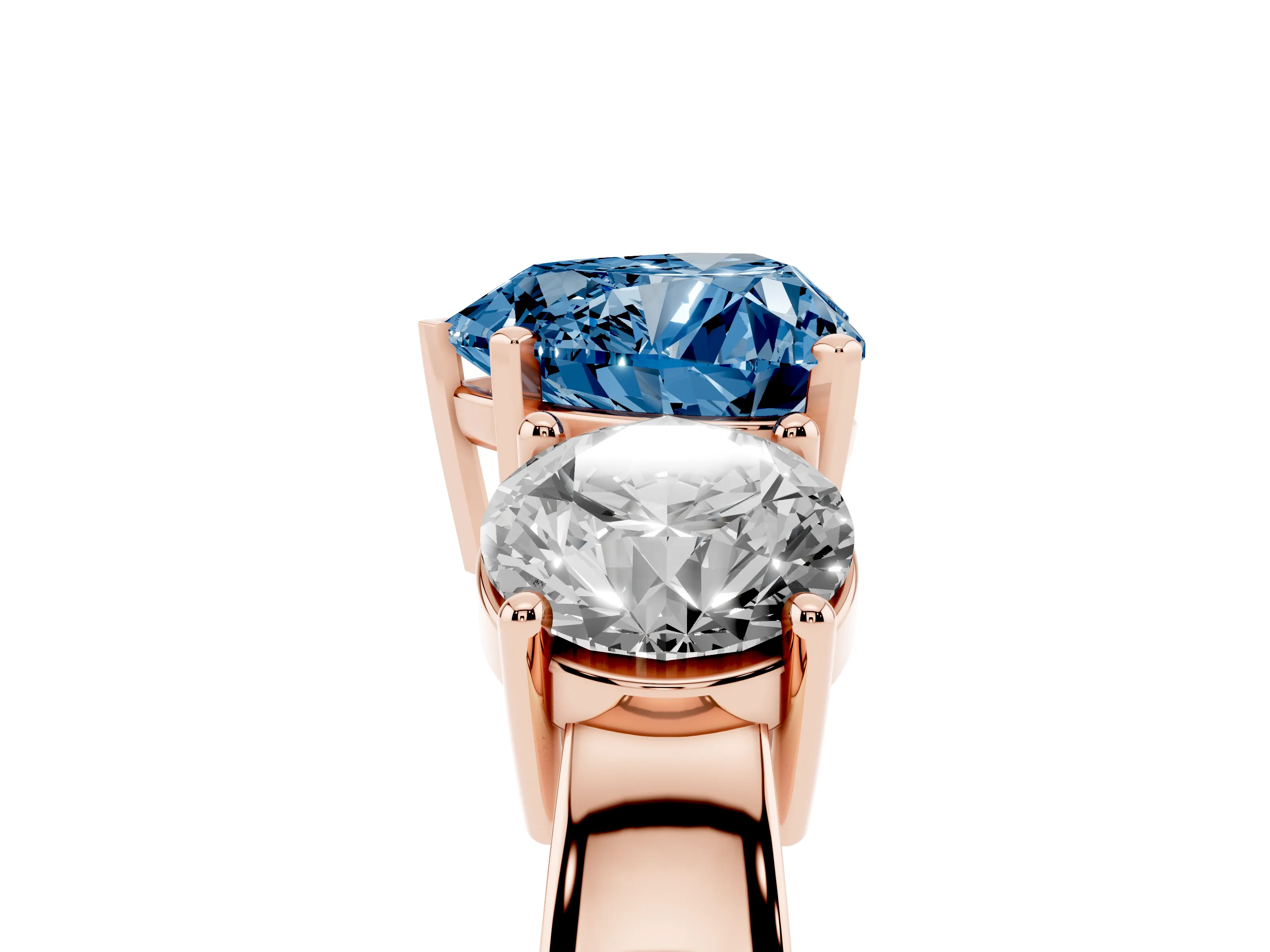 Fancy Blue Heart Cut Diamond Three-Stone Ring Set in Rose gold with Round Side Stones and Classic Band