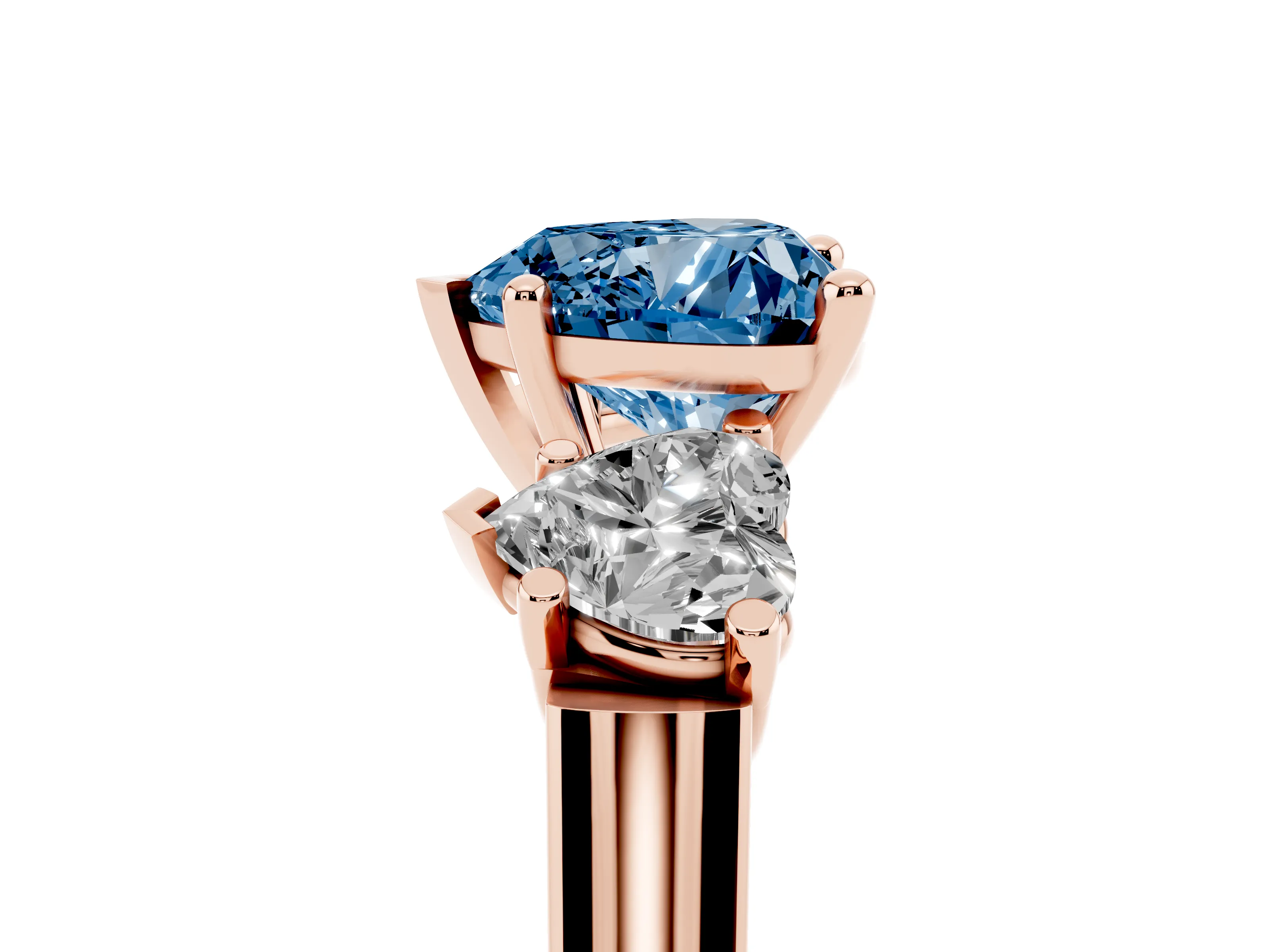 Fancy Blue Heart Cut Diamond Three-Stone Trellis Ring Set in Rose gold with Comfort Fit Band