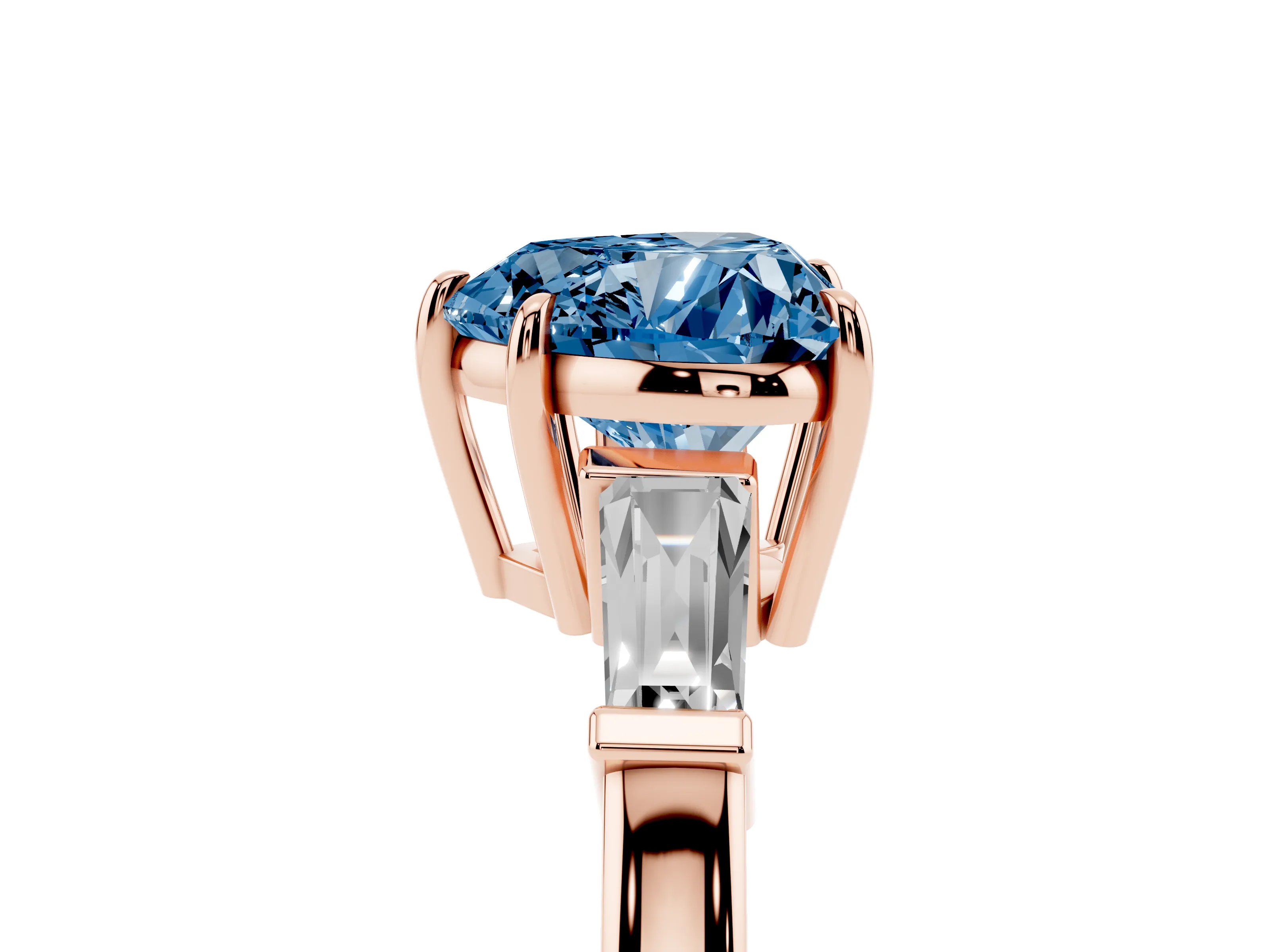 Fancy Blue Heart Cut Diamond Three-Stone Ring Set in Rose gold with Tapered Baguette Side Stones and Prong Setting