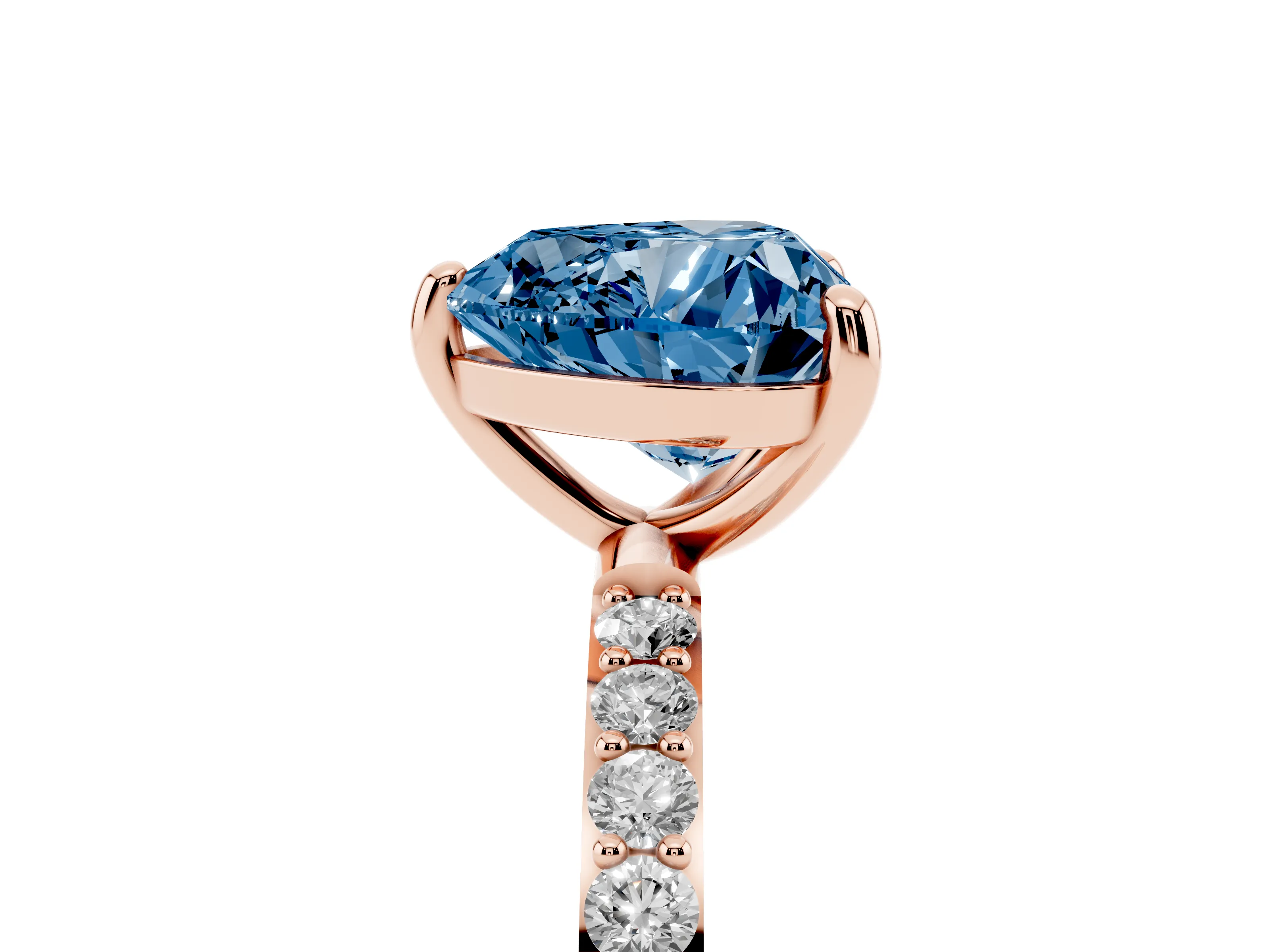 Fancy Blue Heart Cut Diamond Solitaire Ring Set in Rose gold with Round Pavé Band and Prong Setting