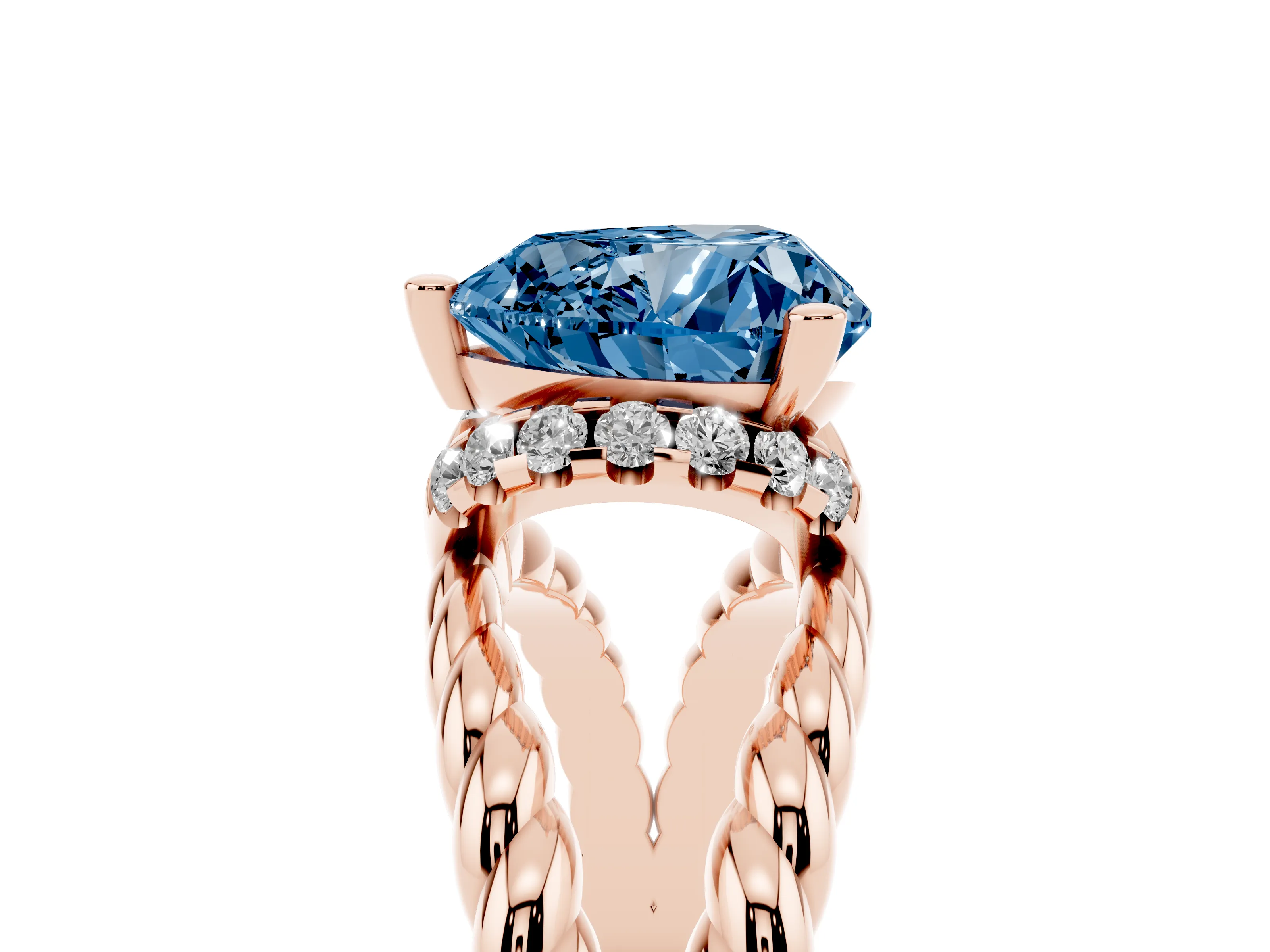 Fancy Blue Heart Cut Diamond Halo Ring Set in Rose gold with Twisted Band and Prong Setting