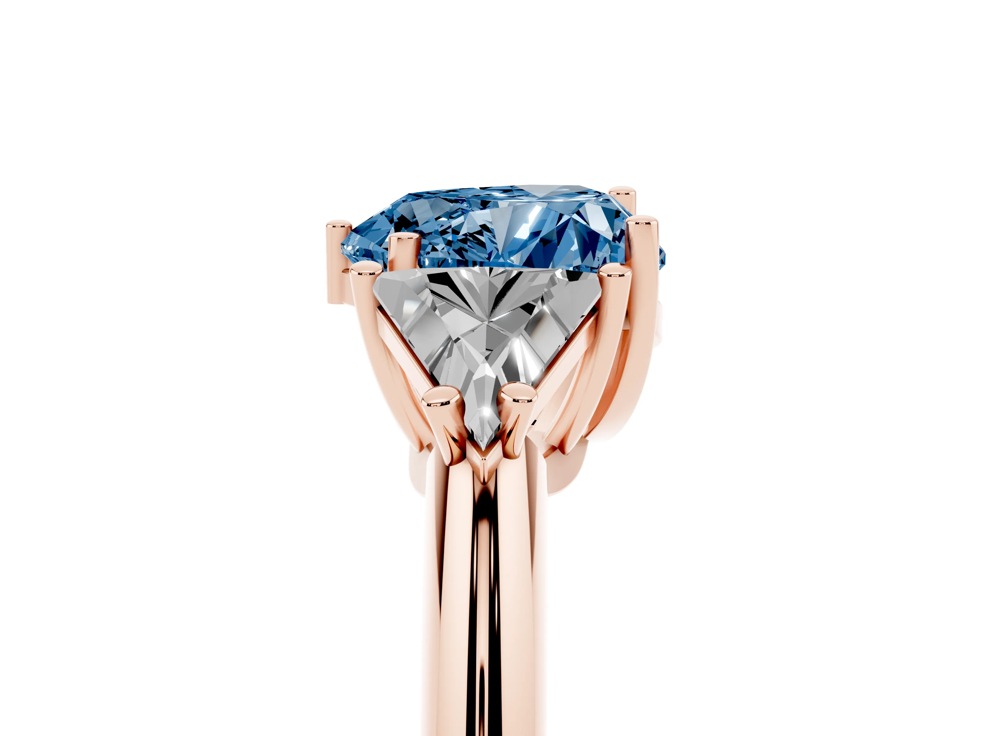 Fancy Blue Heart Cut Diamond Three-Stone Engagement Ring Set in Rose gold with Trillion Side Stones