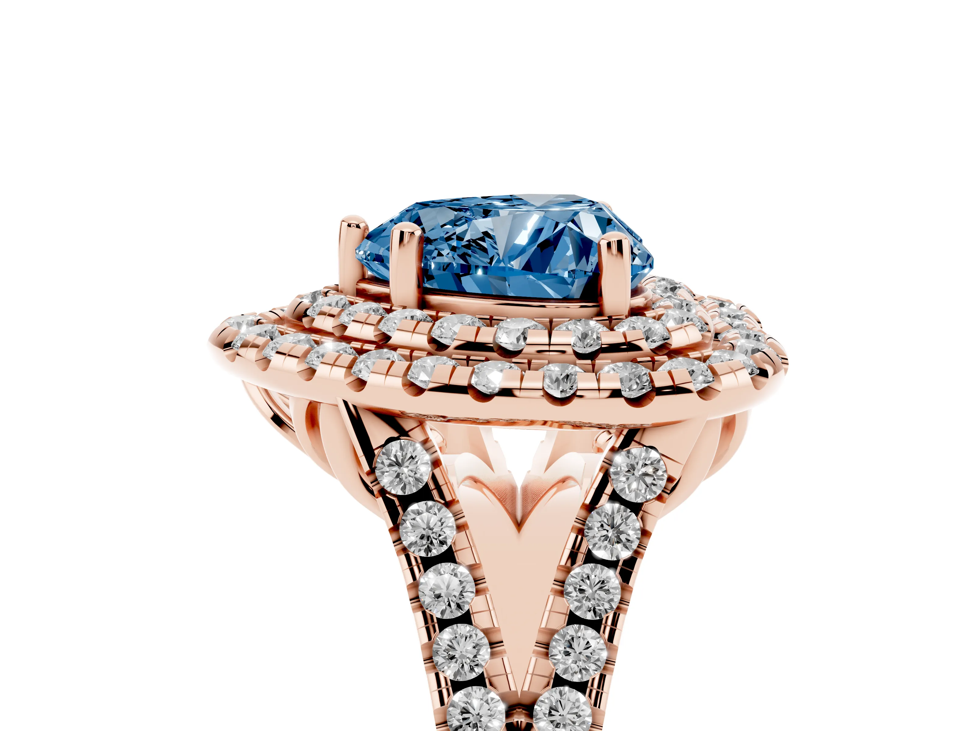 Fancy Blue Heart Cut Diamond Double Halo Ring Set in Rose gold with Pavé Split Shank and Prong Setting