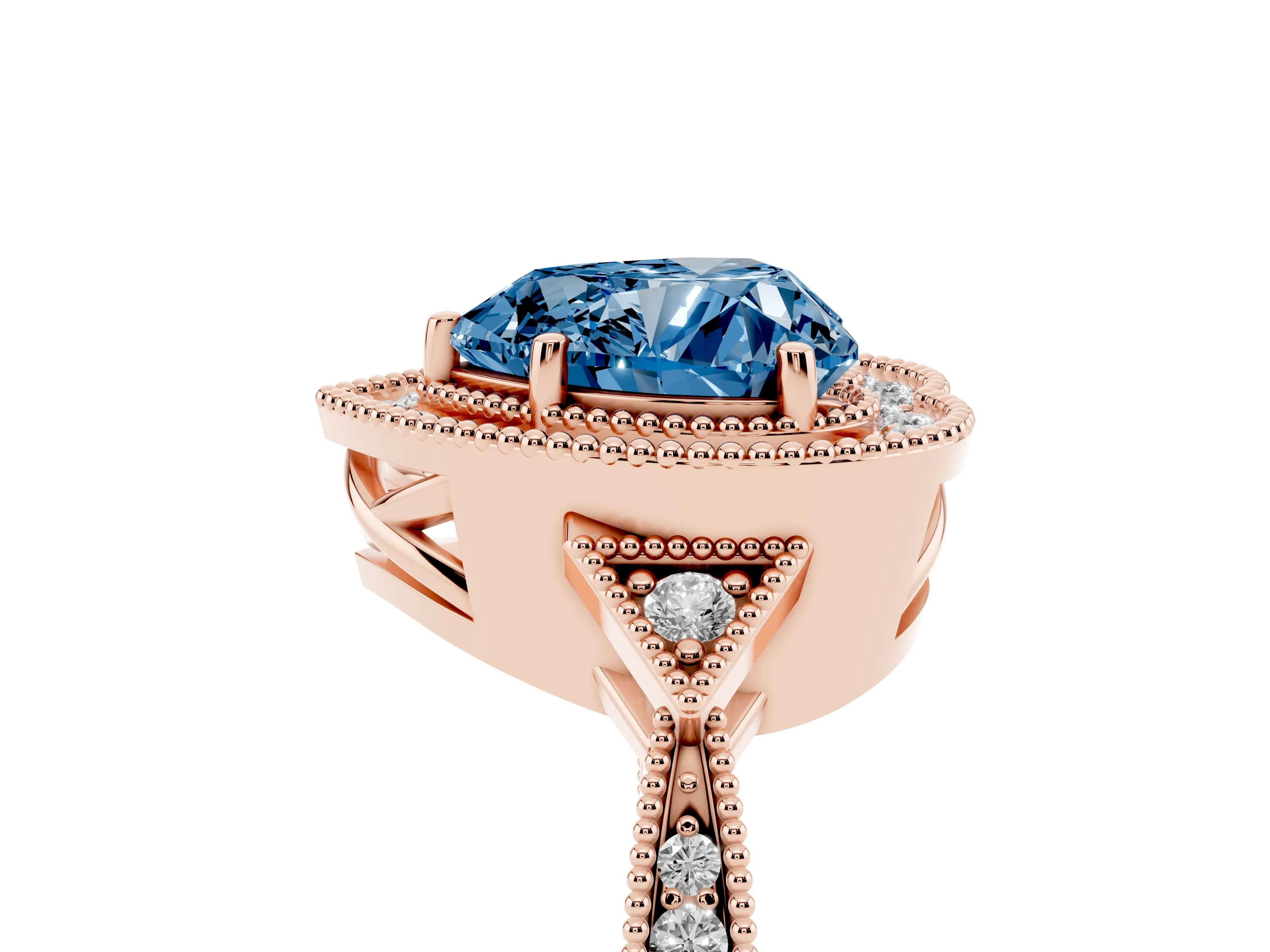Fancy Blue Heart Cut Diamond Halo Engagement Ring Set in Rose gold with Milgrain Pavé Band