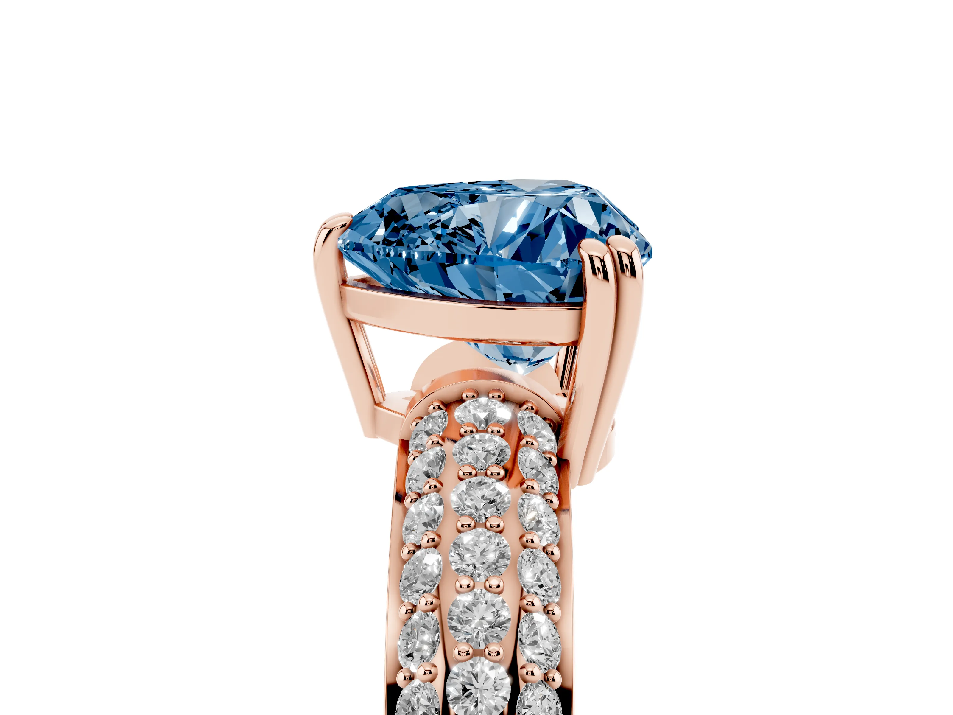 Fancy Blue Heart Cut Diamond Solitaire Ring Set in Rose gold with Multi-Row Round Pavé Band and Prong Setting