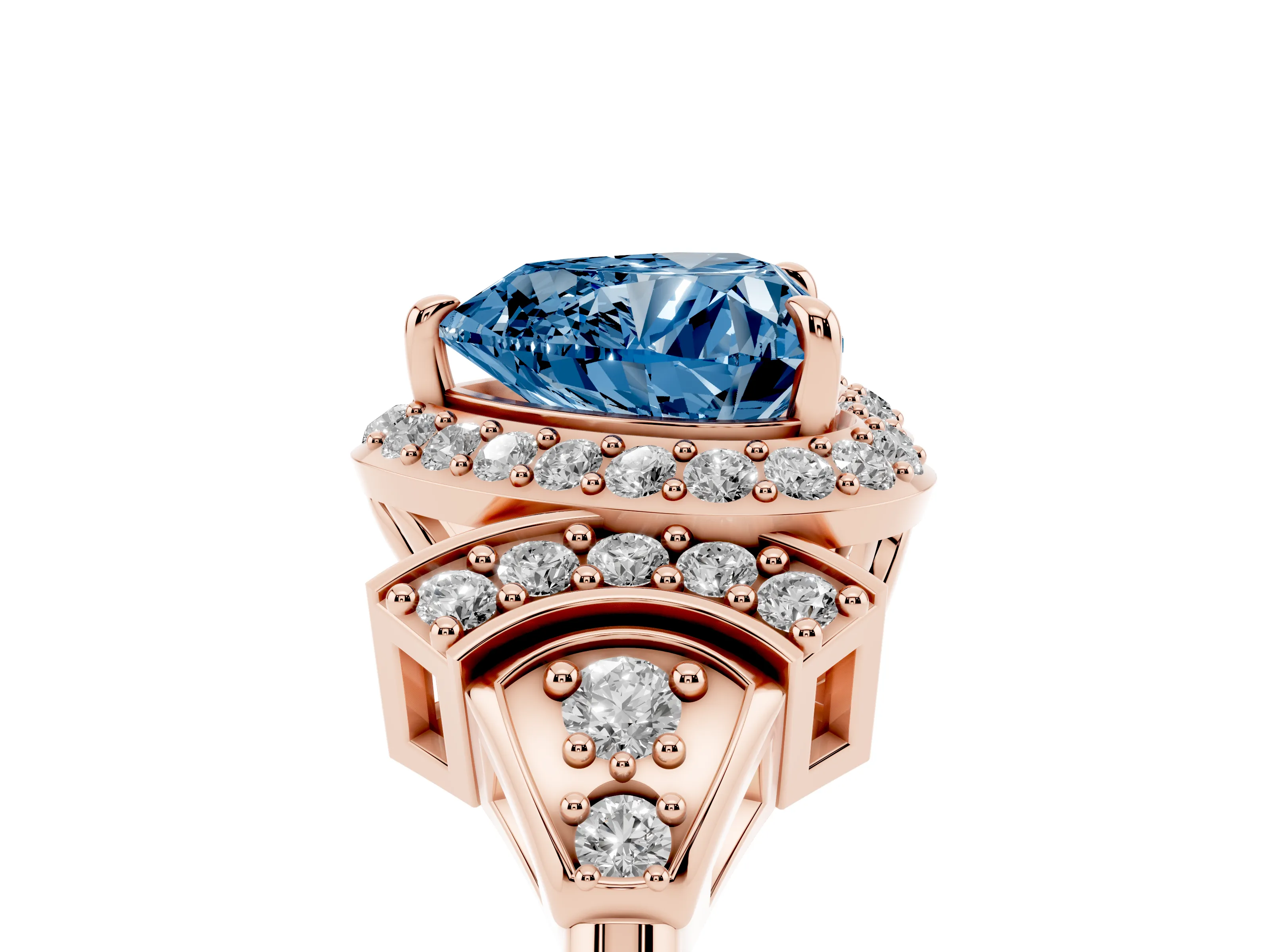 Fancy Blue Heart Cut Diamond Halo Engagement Ring Set in Rose gold with Accent Stone Split Shank