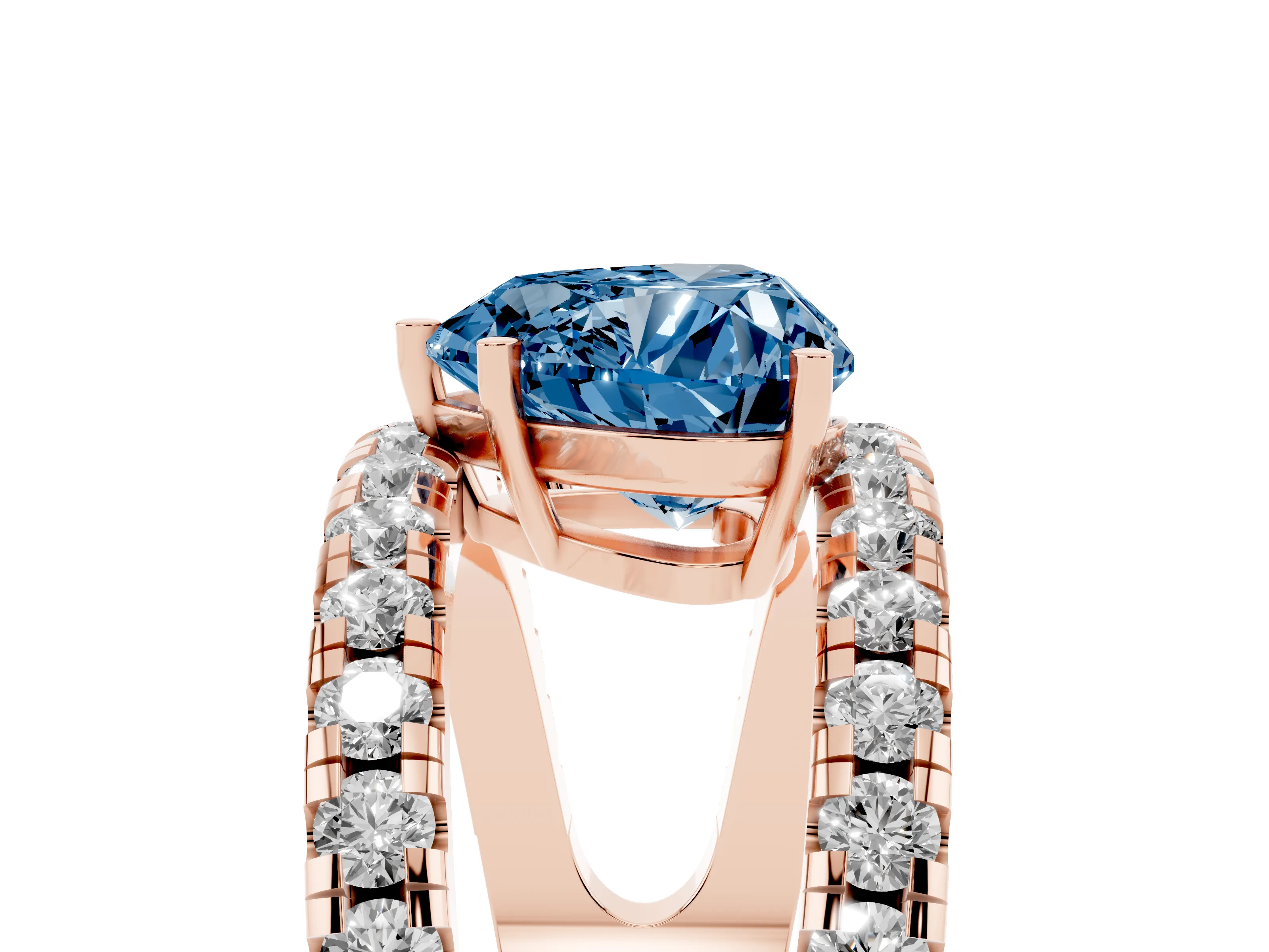 Fancy Blue Heart Cut Diamond Split Shank Pavé Solitaire Ring Set in Rose gold with Open Shank Design