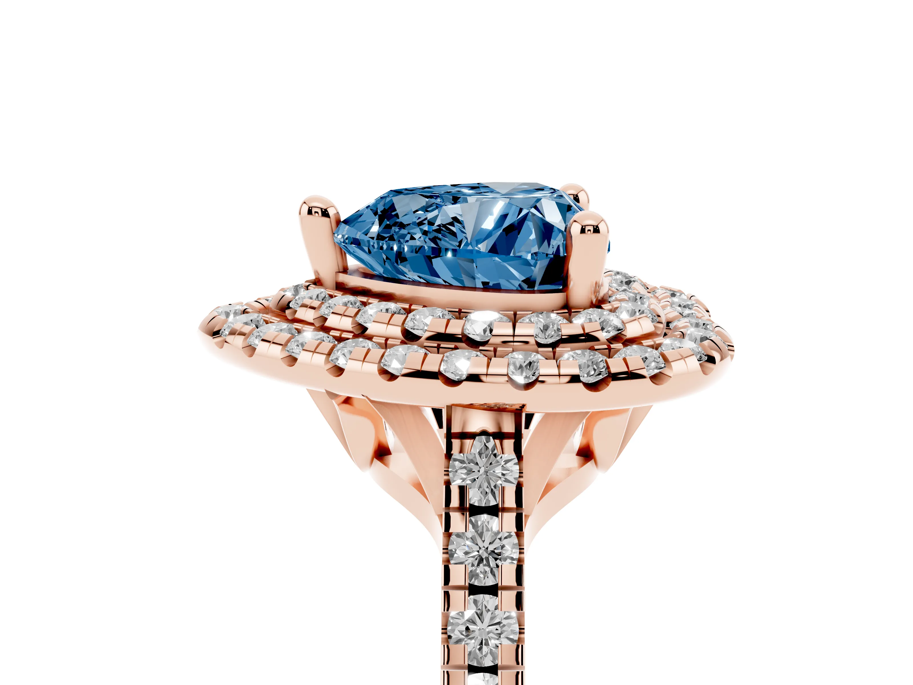 Fancy Blue Heart Cut Diamond Double Halo Statement Ring Set in Rose gold with Pavé Band