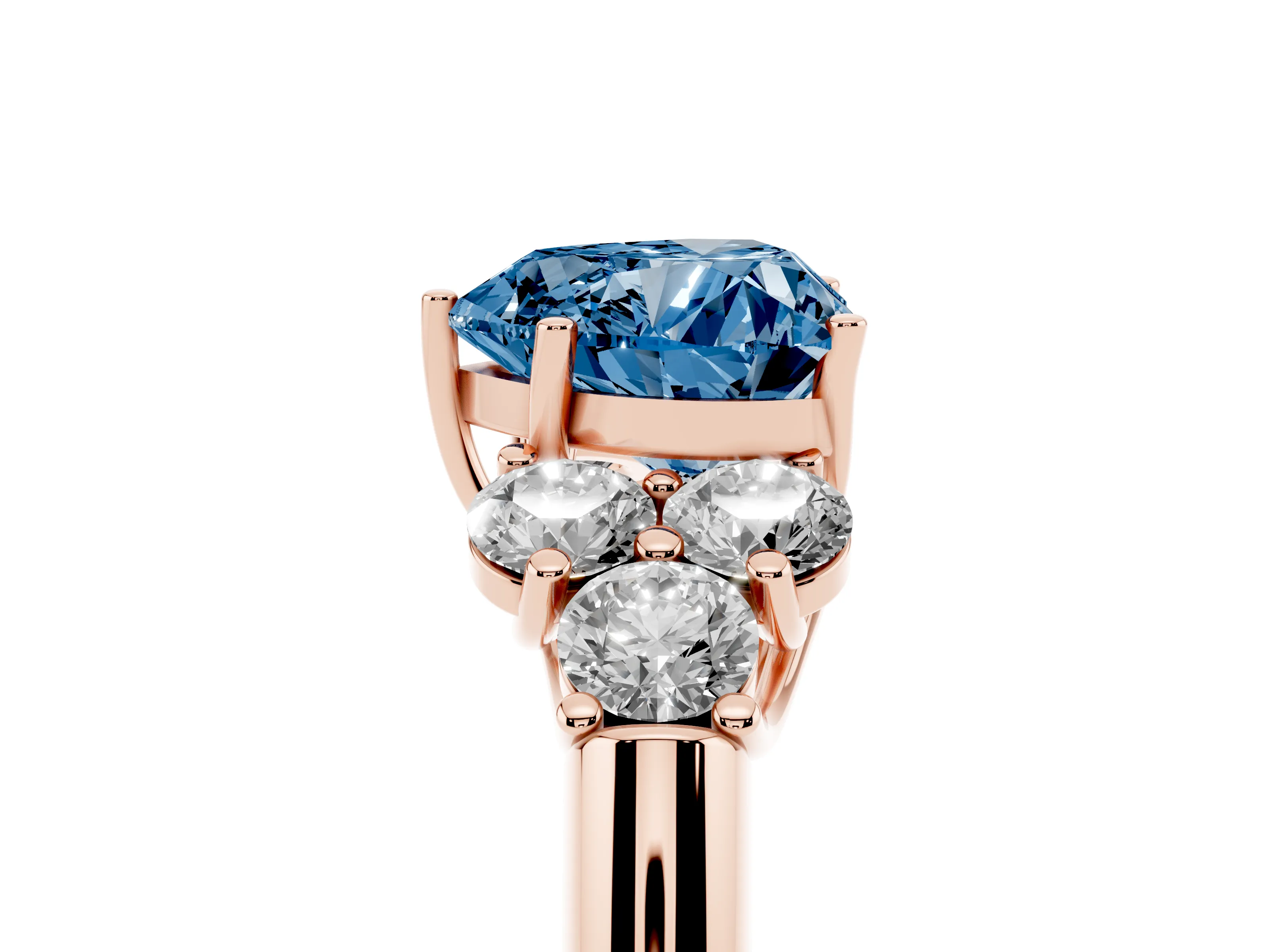 Fancy Blue Heart Cut Diamond Cluster Ring Set in Rose gold with Round Accent Stones and Prong Setting on a Plain Band