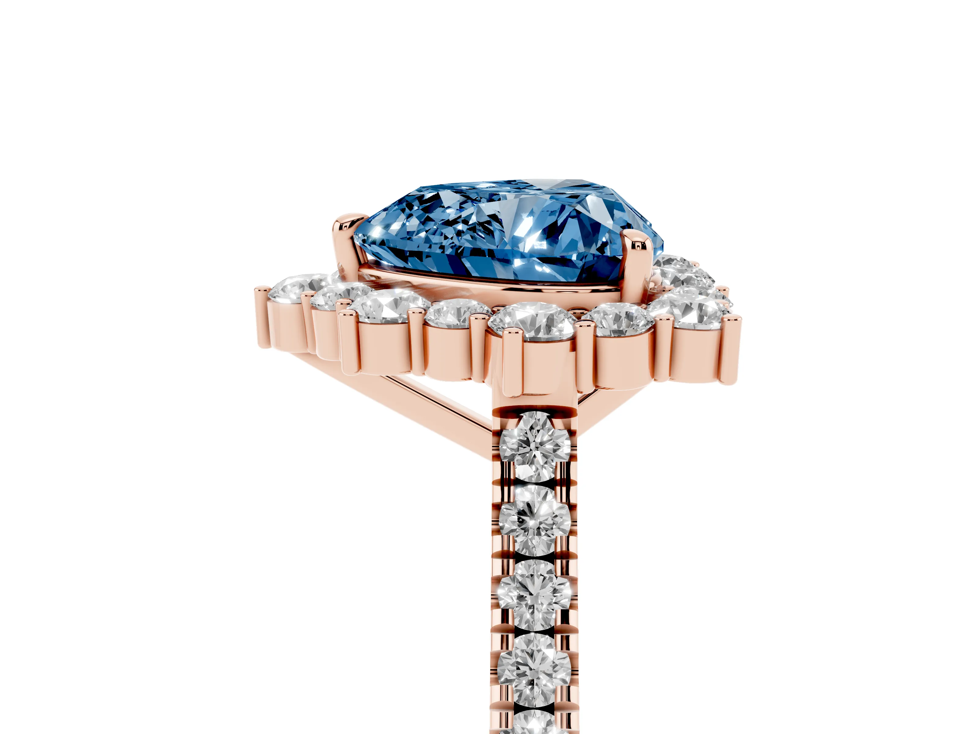 Fancy Blue Heart Cut Diamond Halo Ring Set in Rose gold with Pavé Band and Prong Setting