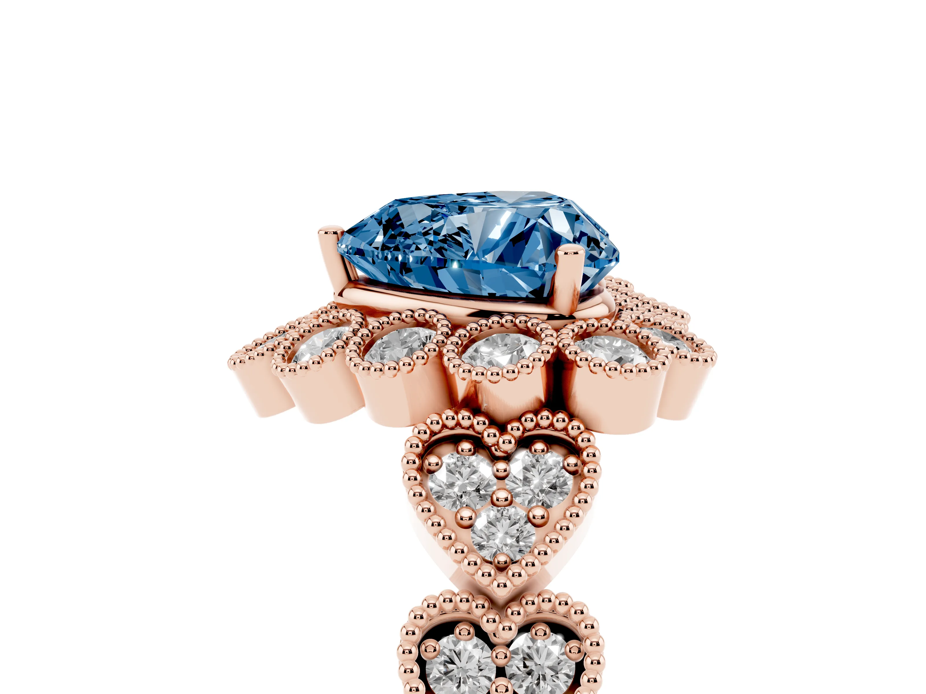 Fancy Blue Heart Cut Diamond Solitaire Ring Set in Rose gold with Milgrain Pavé Heart Band