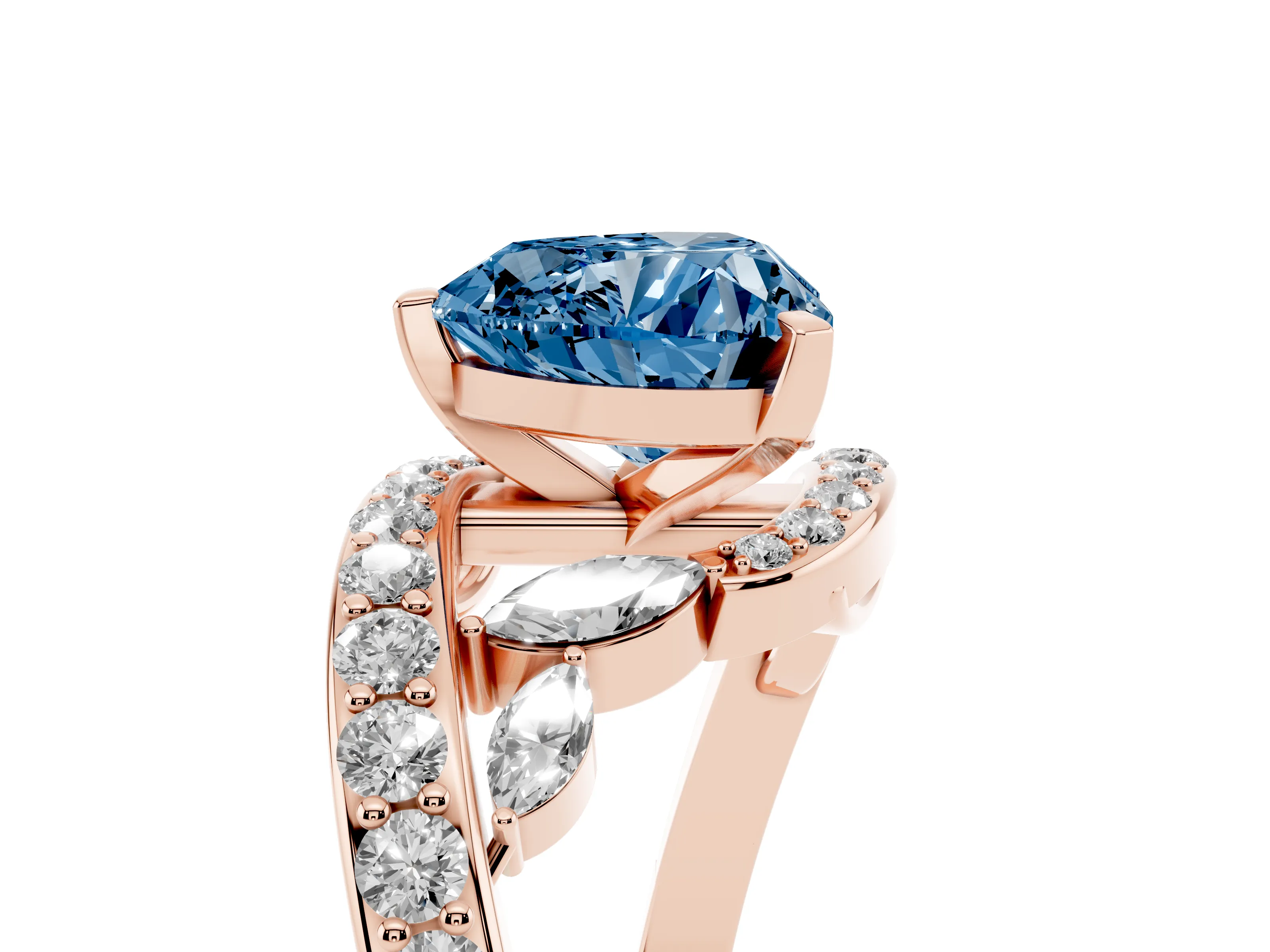 Fancy Blue Heart Cut Diamond Solitaire Ring Set in Rose gold with Pavé Twist Band and Secure Prong Setting