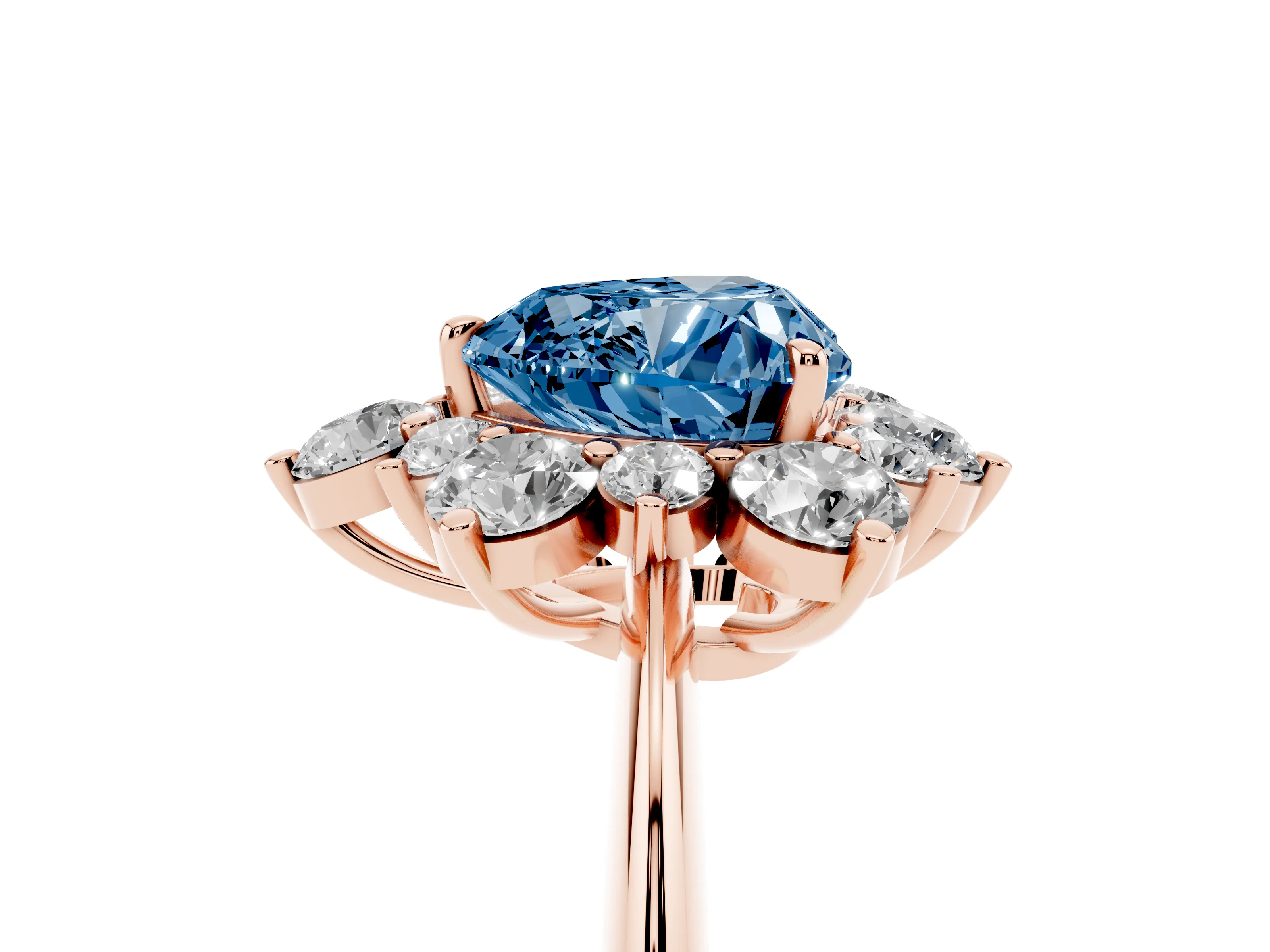 Fancy Blue Heart Cut Diamond Cluster Halo Ring Set in Rose gold with Solitaire Band and Prong Setting
