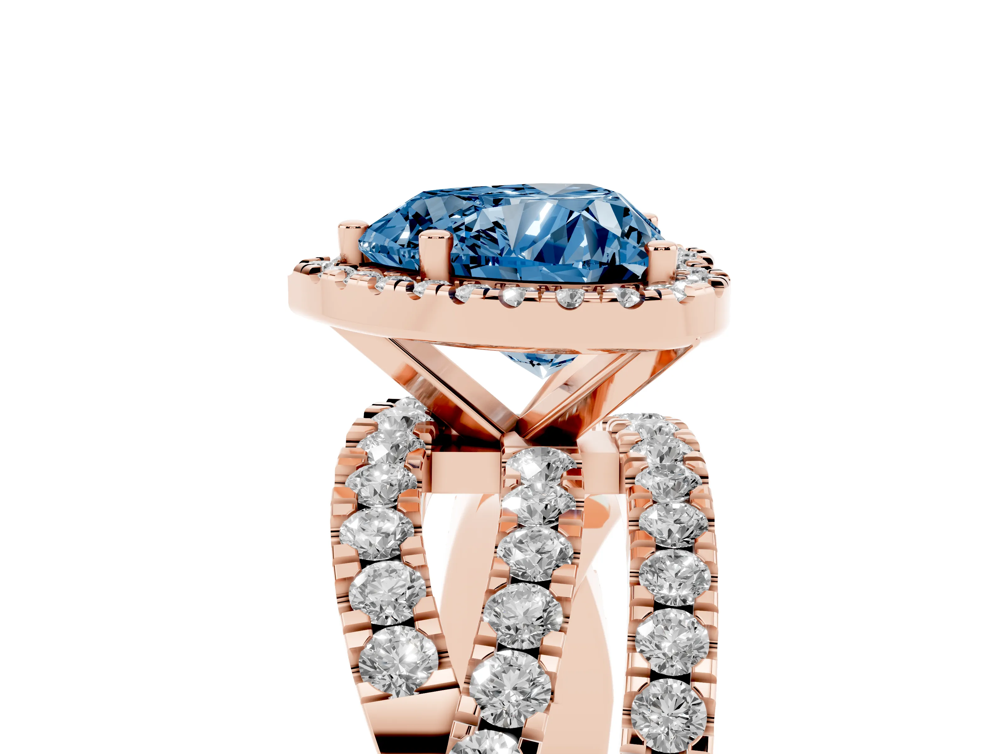 Fancy Blue Heart Cut Diamond Halo Ring Set in Rose gold with Round Crossover Split Shank and Prong Setting