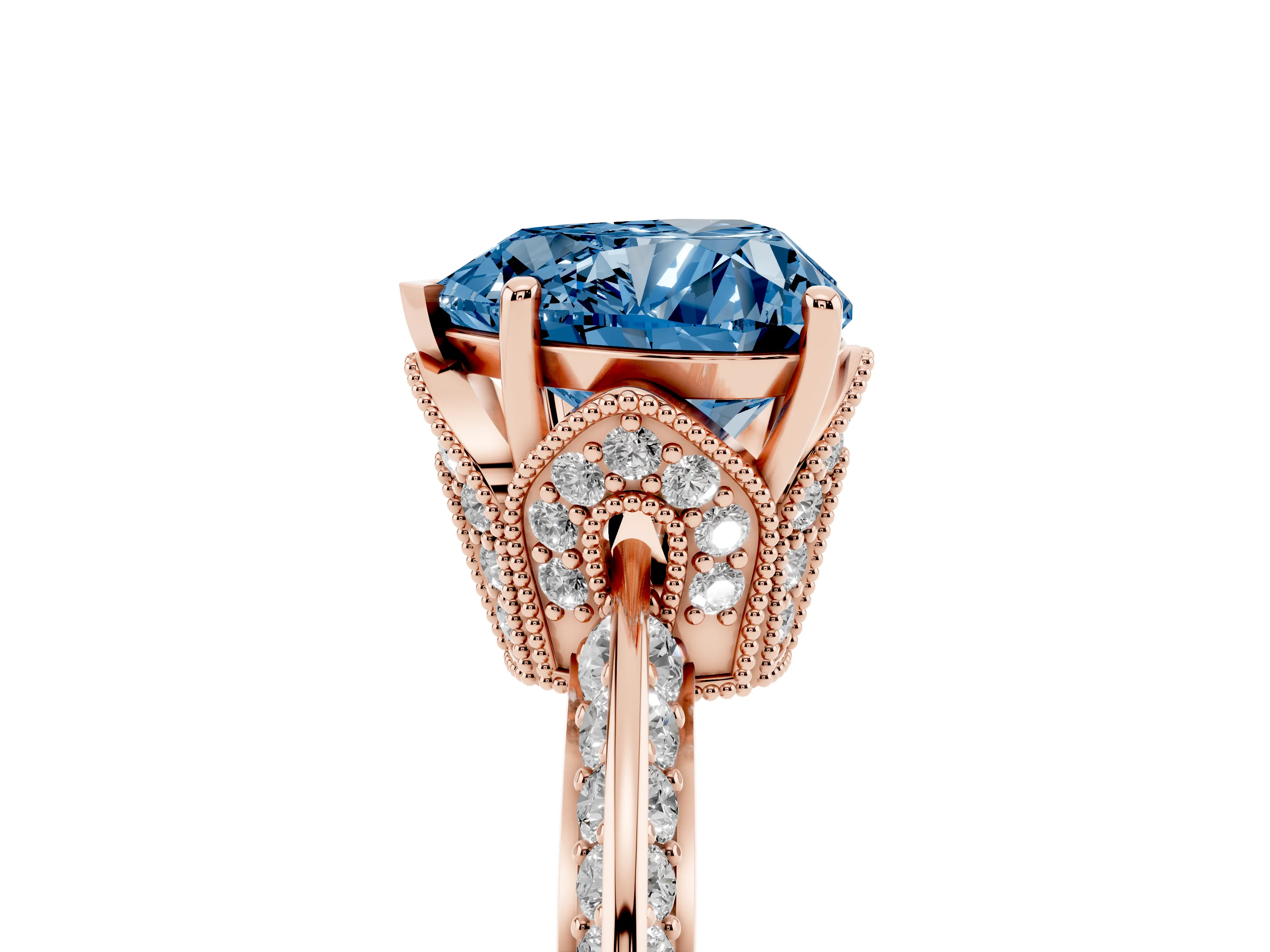 Fancy Blue Heart Cut Diamond Solitaire Engagement Ring Set in Rose gold with Pavé Split Shank and Prong Setting