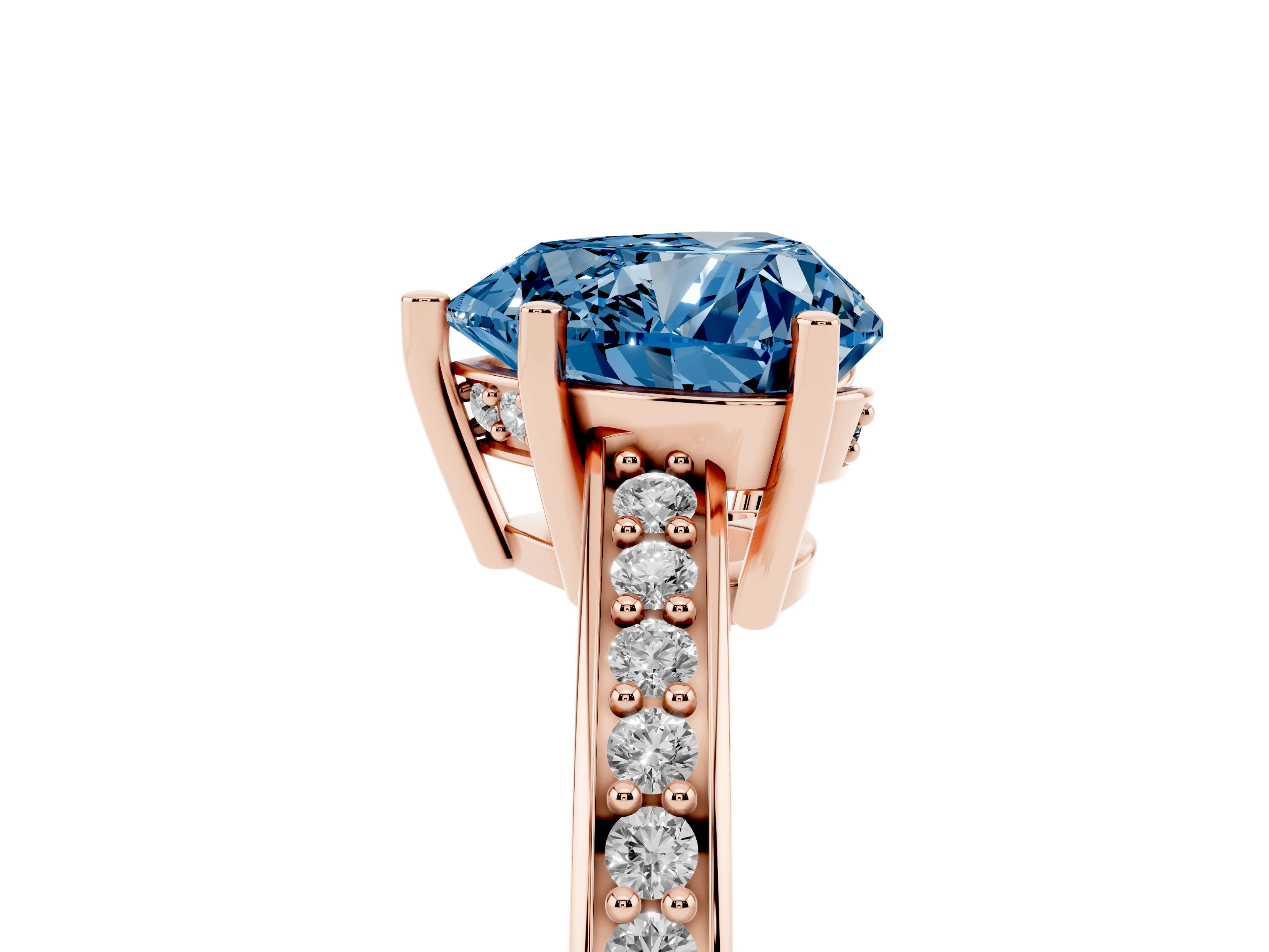 Fancy Blue Heart Cut Diamond Pavé Band Prong Set Solitaire Ring Set in Rose gold