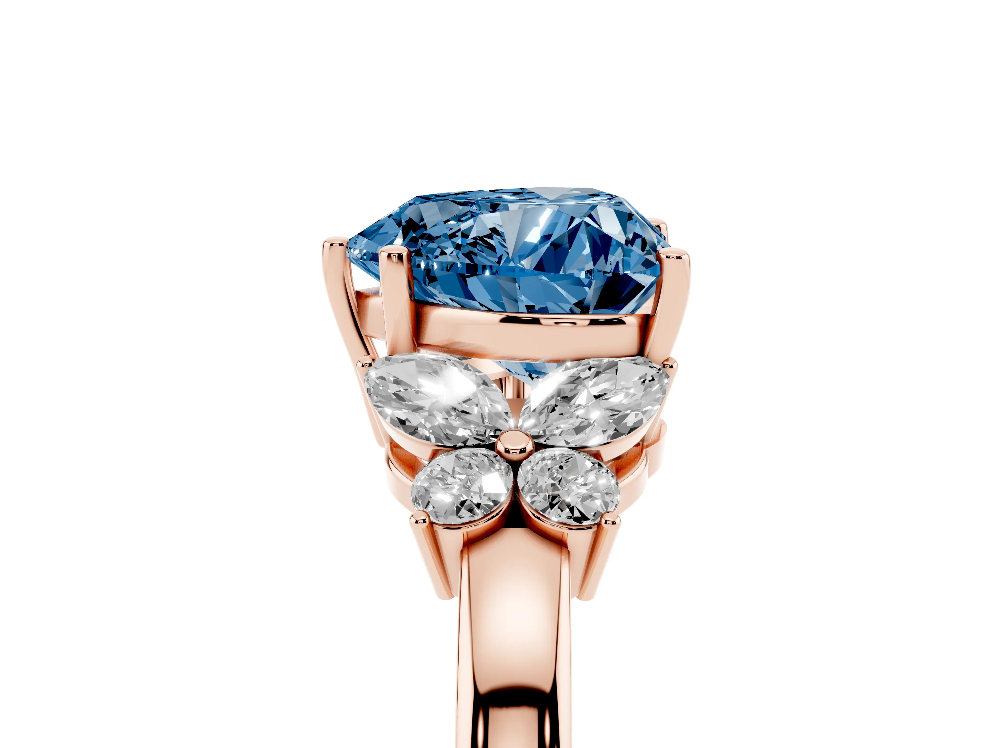 Fancy Blue Heart Cut Diamond Solitaire Floral Ring Set in Rose gold with Marquise Petals and Prong Setting