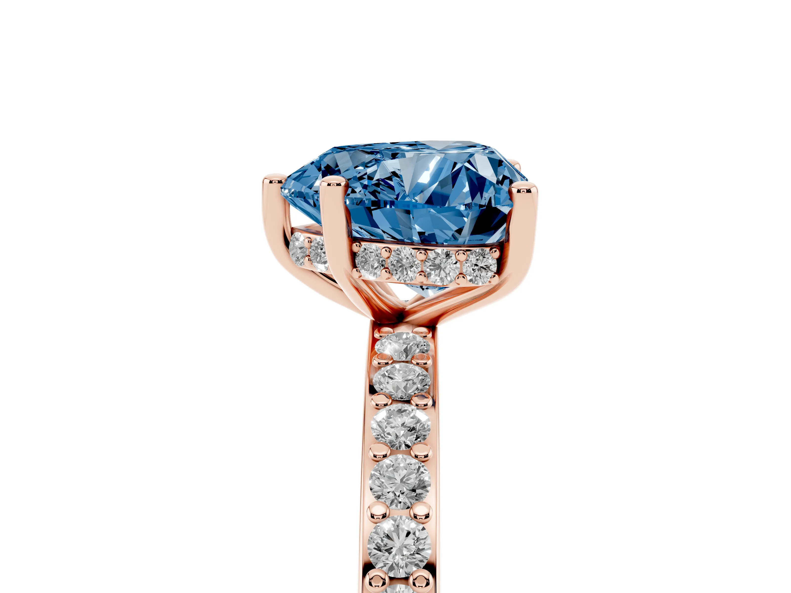 Fancy Blue Heart Cut Diamond Pavé Band Ring Set in Rose gold with Prong-Set Center Stone