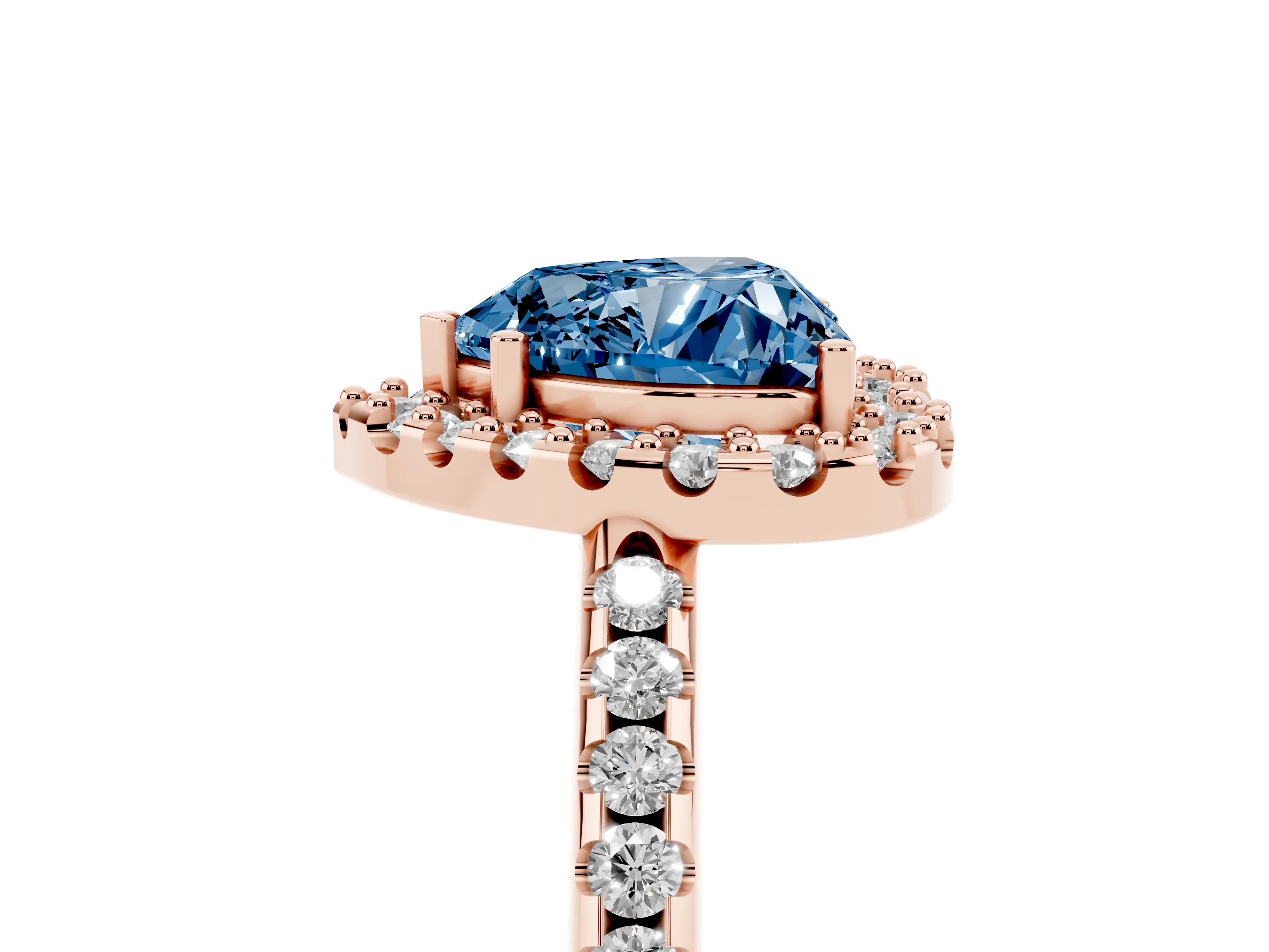 Fancy Blue Heart Cut Diamond Pavé Halo Ring Set in Rose gold with Prong Setting