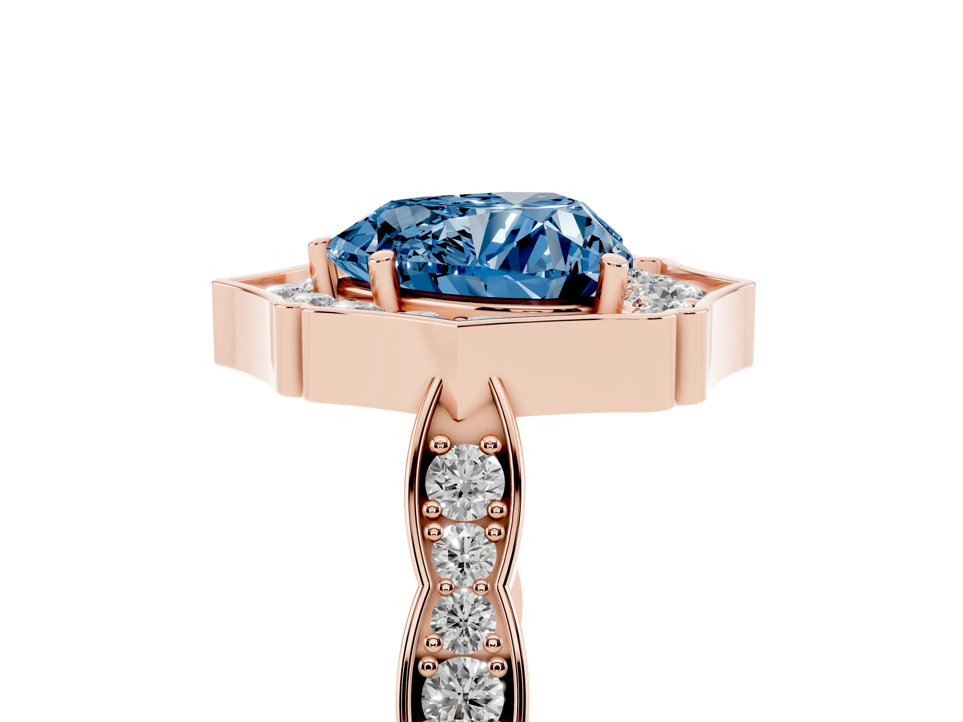Fancy Blue Heart Cut Diamond Halo Engagement Ring Set in Rose gold with Milgrain Band and Prong Setting