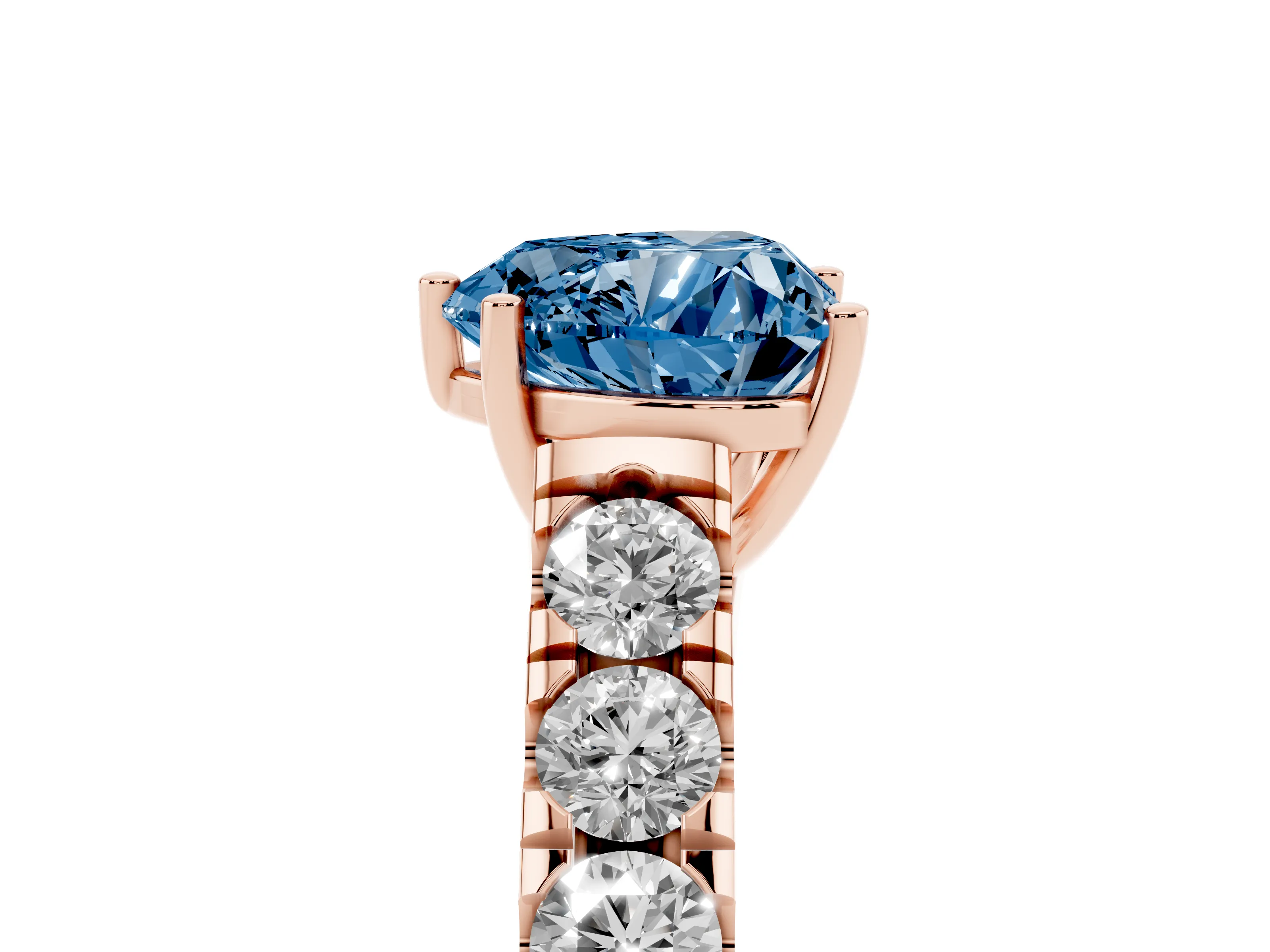 Fancy Blue Heart Cut Diamond Solitaire Ring Set in Rose gold with Cut-Down Micro Pavé Band and Prong Setting