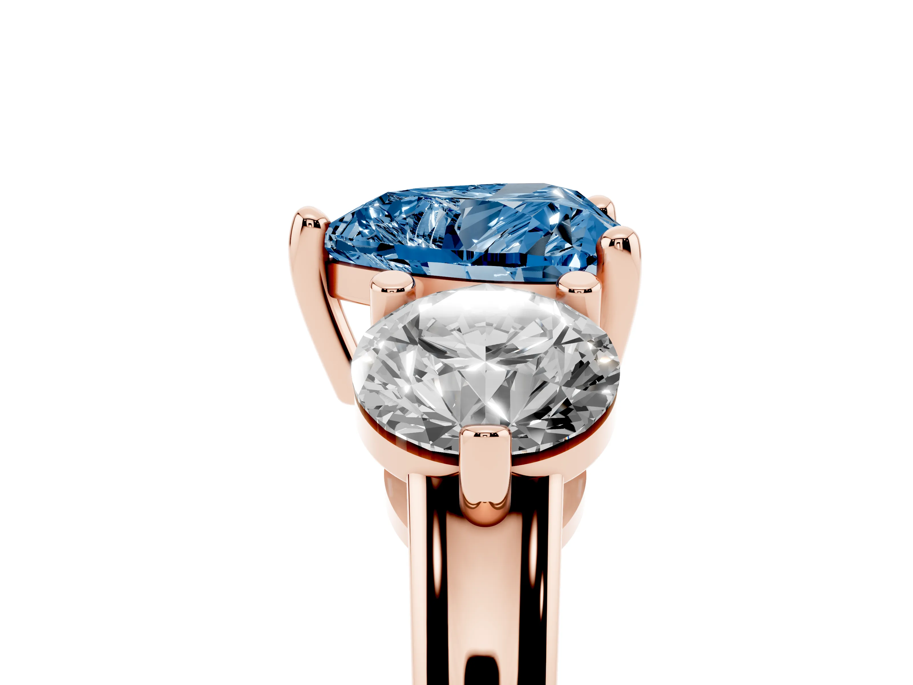 Fancy Blue Heart Cut Diamond Three-Stone Ring Set in Rose gold with Prong Setting and Classic Band