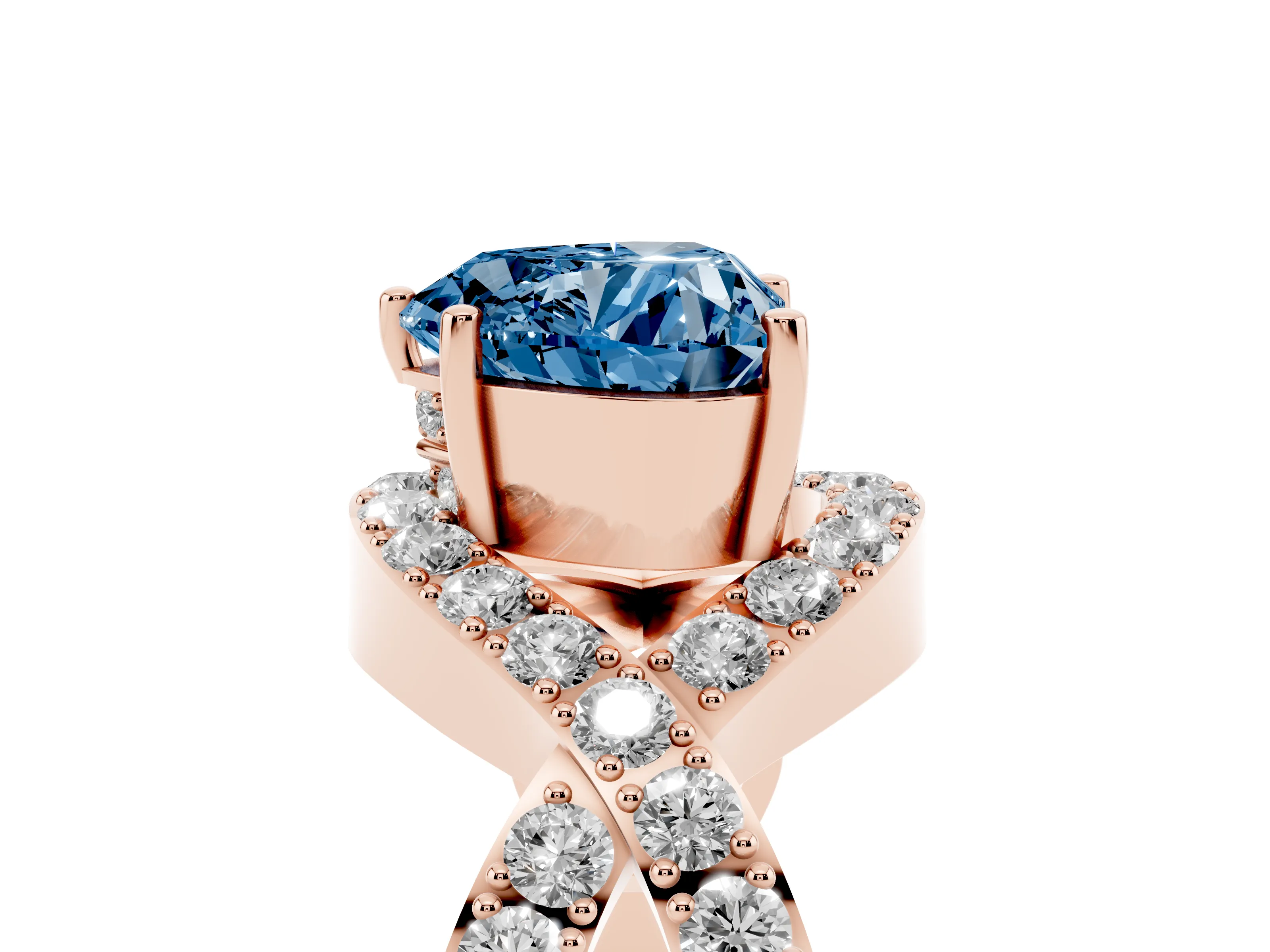Fancy Blue Heart Cut Diamond Solitaire Twist Band Pavé Engagement Ring Set in Rose gold