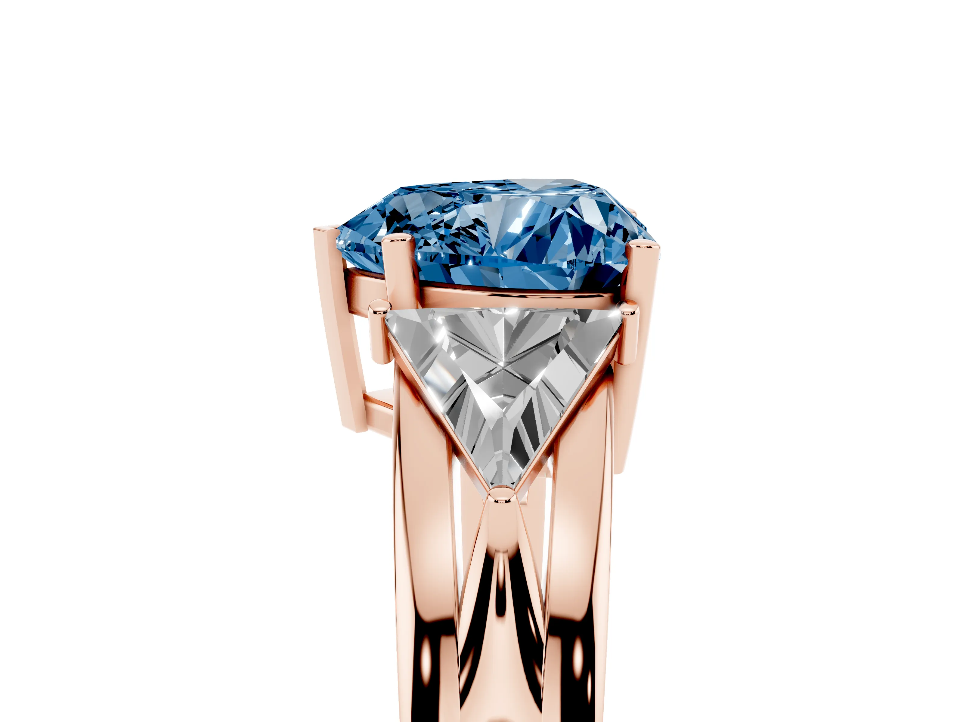 Fancy Blue Heart Cut Diamond Three-Stone Ring Set in Rose gold with Trillion Side Stones and Split Shank