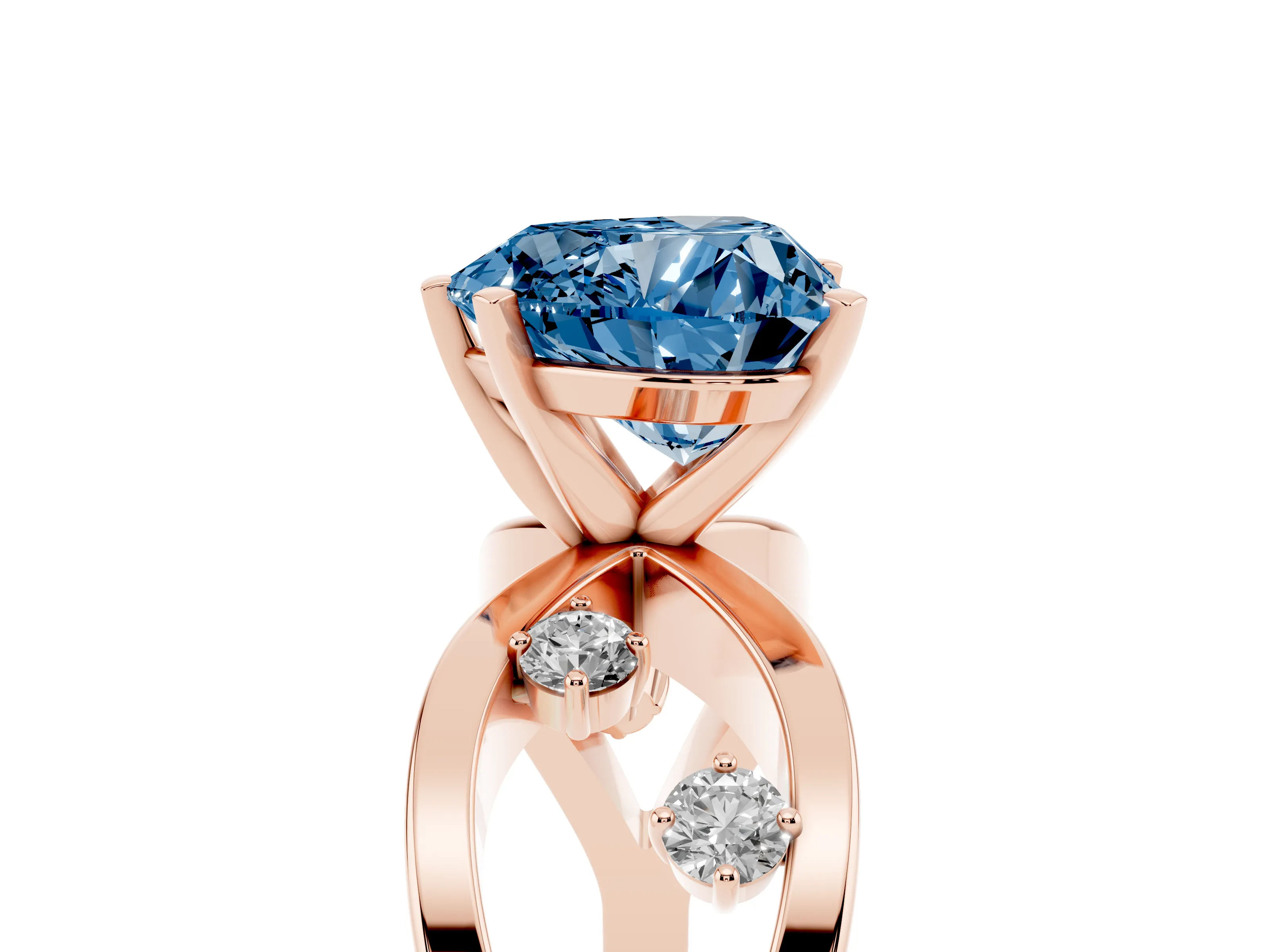 Fancy Blue Heart Cut Diamond Solitaire Ring Set in Rose gold with Side Stones on Criss-Cross Band and Prong Setting