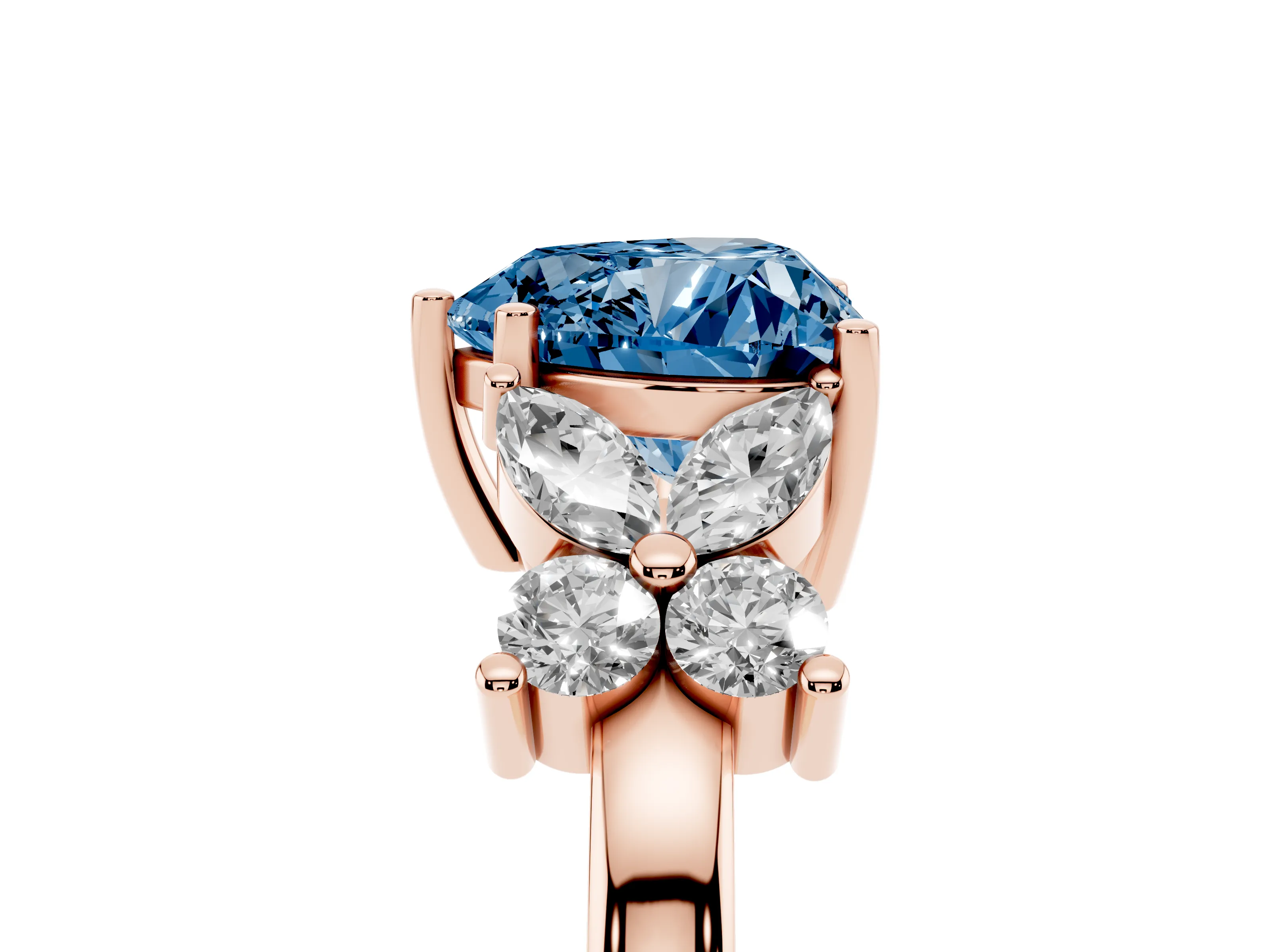 Fancy Blue Heart Cut Diamond Floral Cluster Ring Set in Rose gold with Marquise Petals and Prong Setting