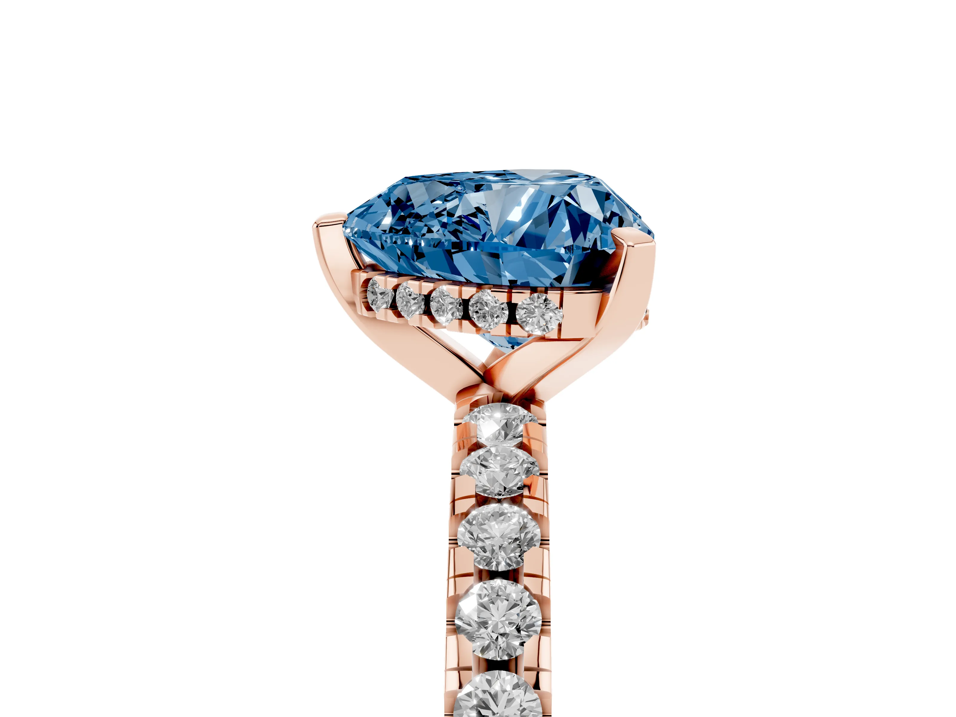 Fancy Blue Heart Cut Diamond Pavé Solitaire Ring Set in Rose gold with Round Band Accents and Prong Setting