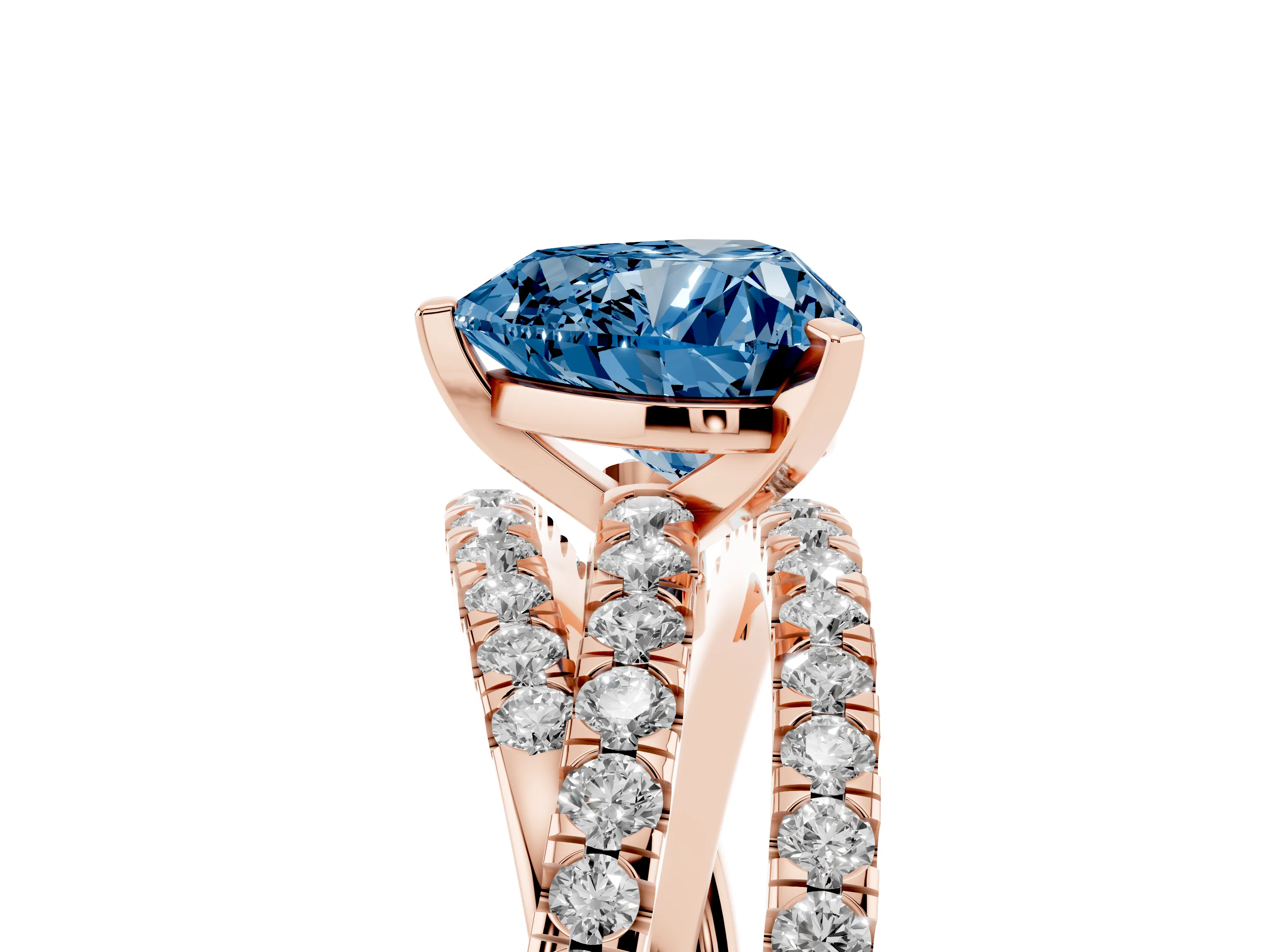 Fancy Blue Heart Cut Diamond Solitaire Twist Band Ring Set in Rose gold with Pavé Setting and Prong Head