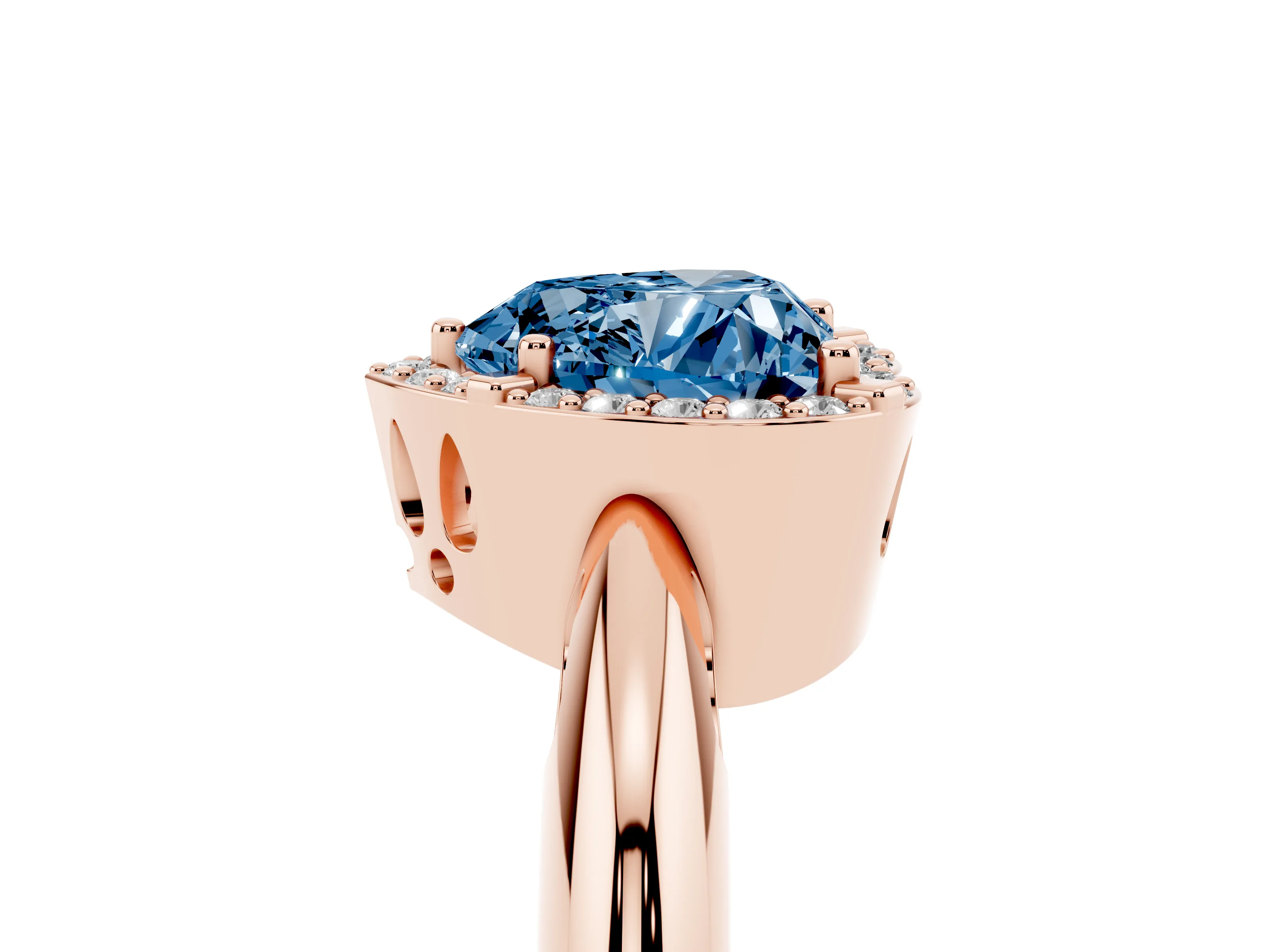 Fancy Blue Heart Cut Diamond Halo Engagement Ring Set in Rose gold with Plain Split Shank and Prong Setting