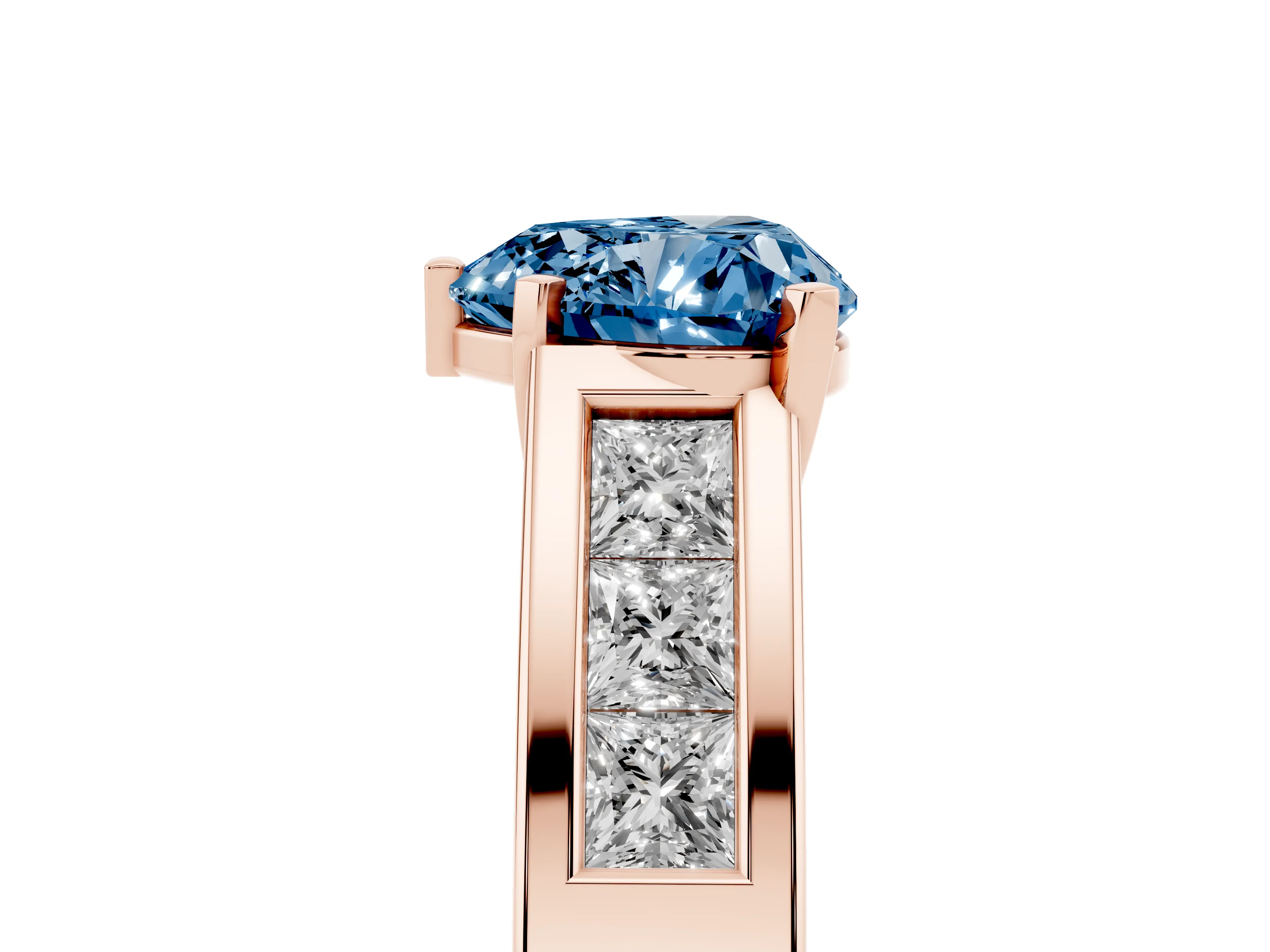 Fancy Blue Heart Cut Diamond Solitaire Ring Set in Rose gold with Channel-Set Accent Stones and Prong Setting