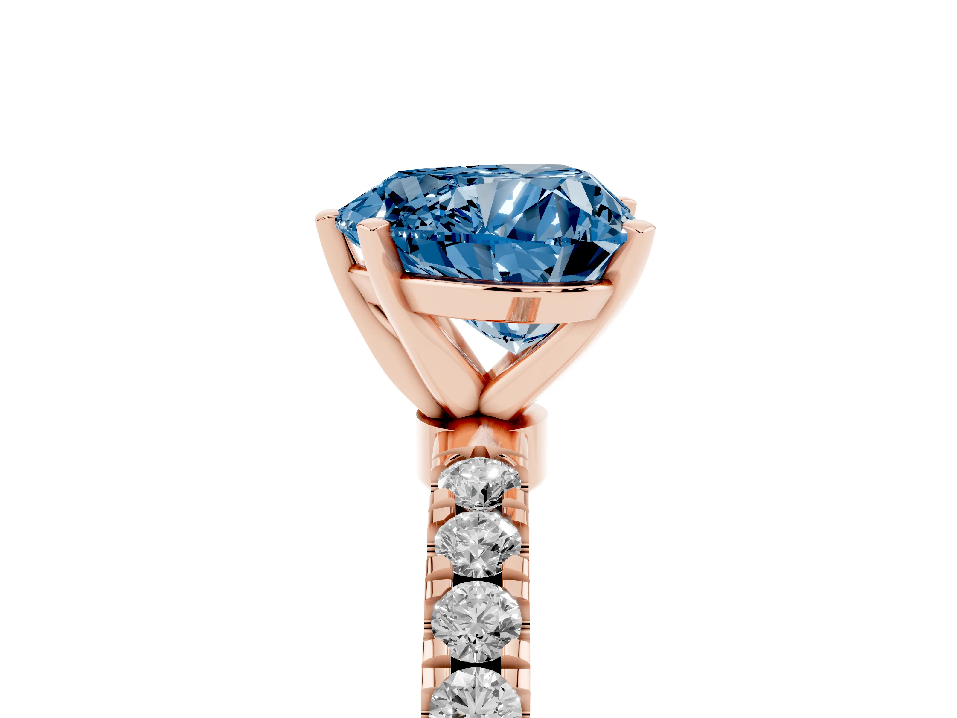 Fancy Blue Heart Cut Diamond Solitaire Ring Set in Rose gold with Pavé Accents and Prong Setting