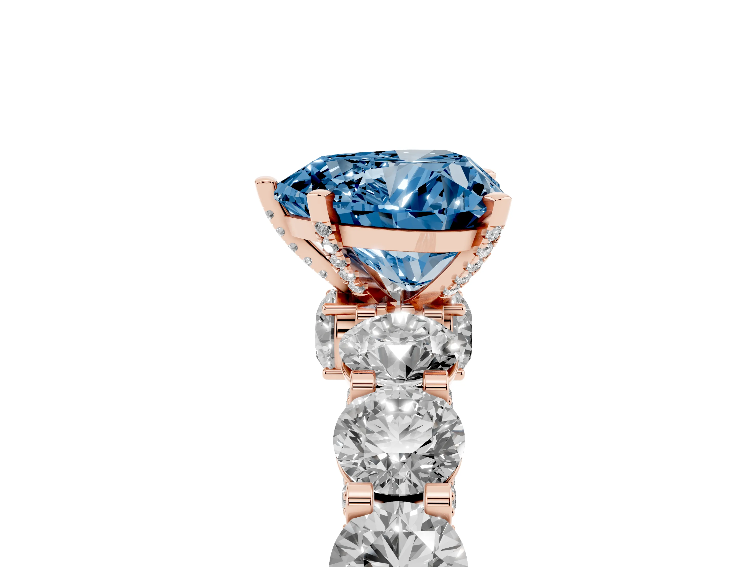 Fancy Blue Heart Cut Diamond Side Stone Ring Set in Rose gold with Alternating Round and Oval Side Stones