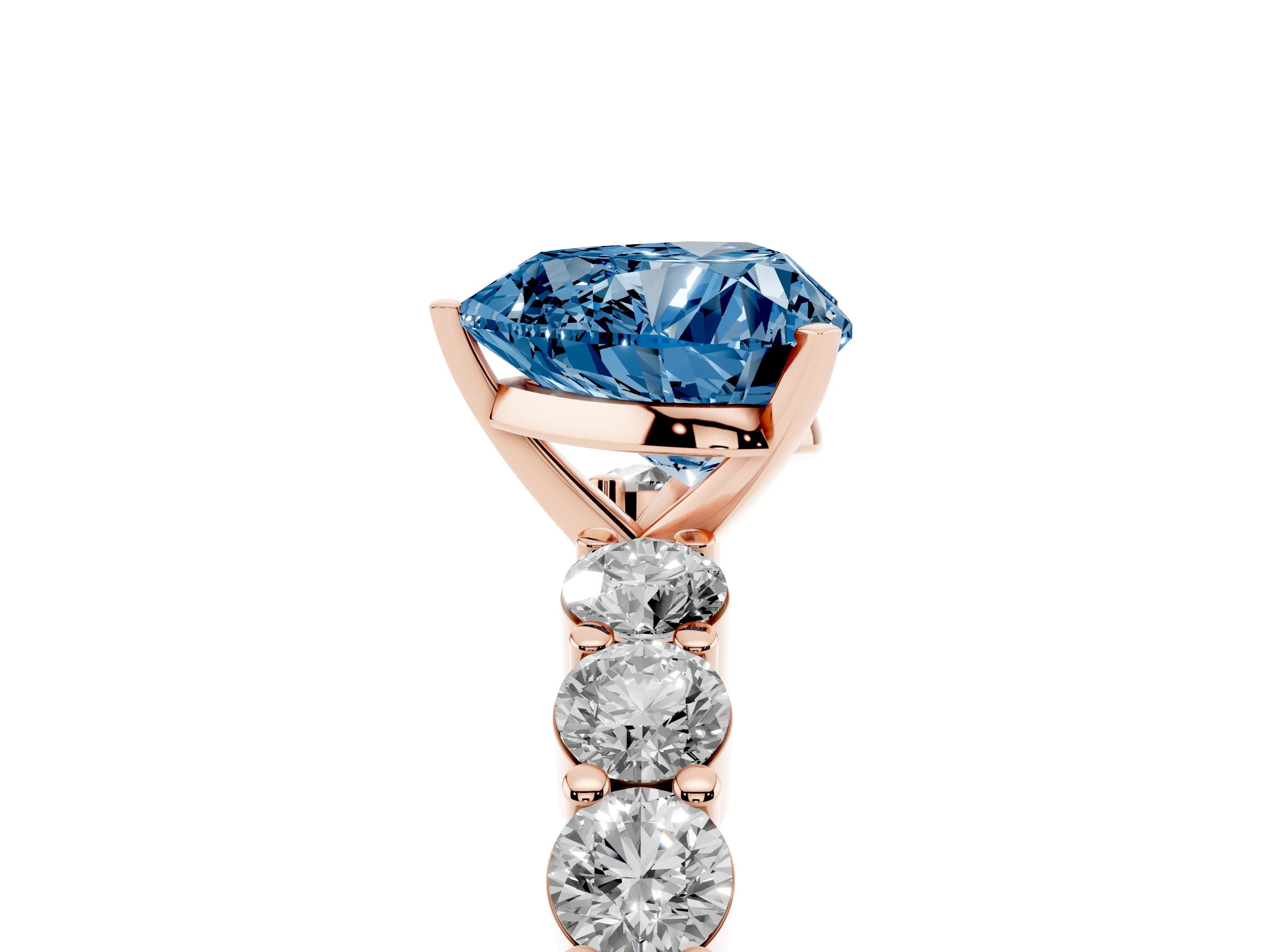 Fancy Blue Heart Cut Diamond Solitaire Ring Set in Rose gold with Shared Prong Round Side Stones